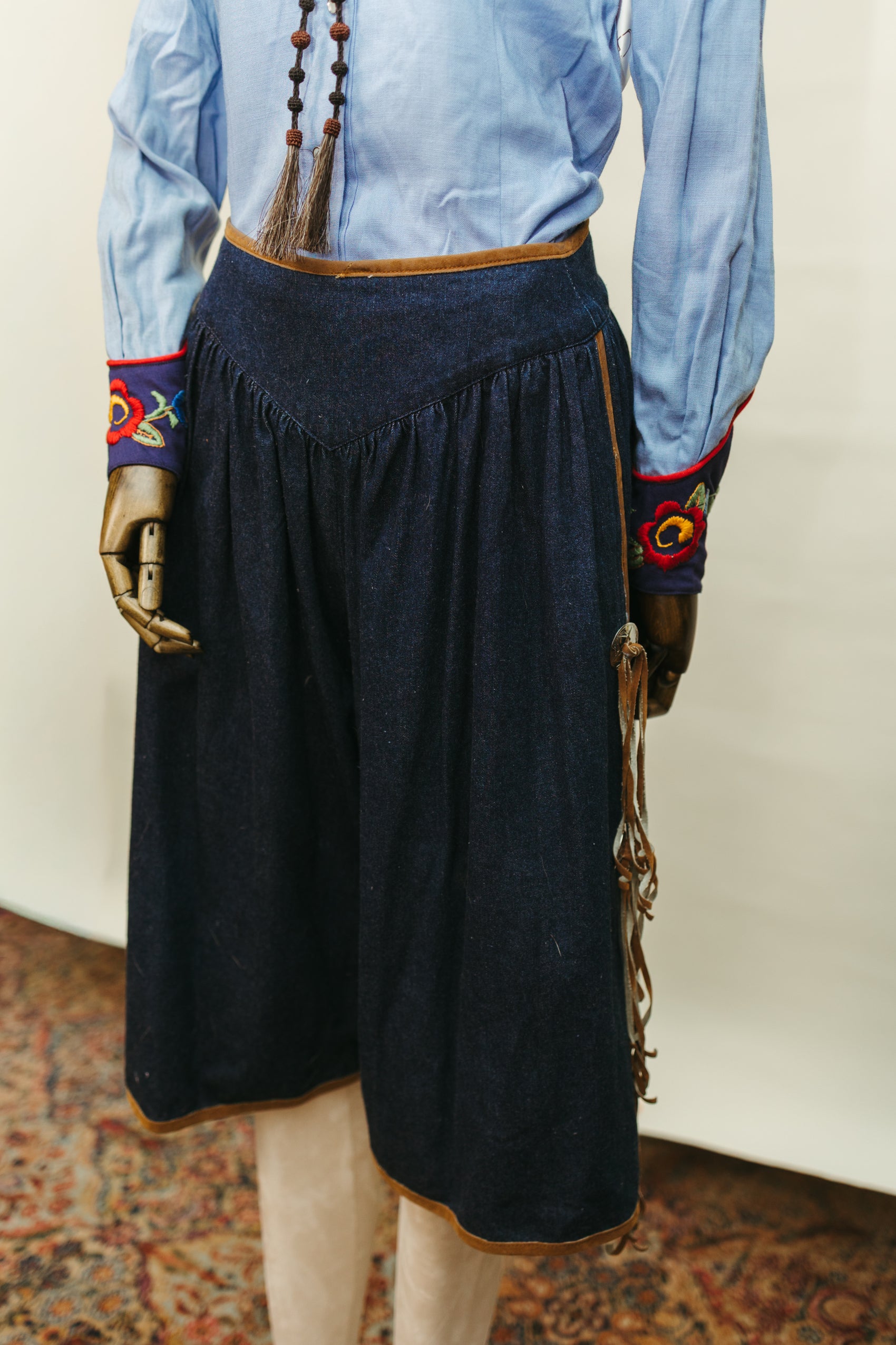 1970s Denim Gaucho Culottes with Leather Fringe and Conchos * COMING SOON*