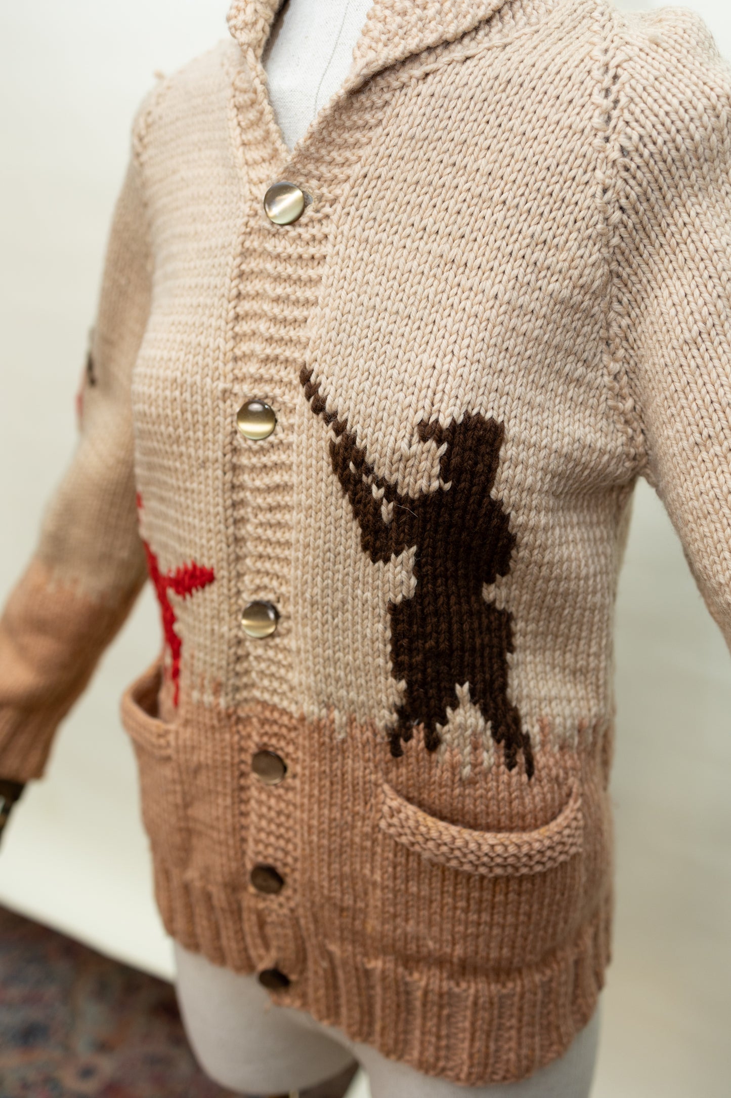 Vintage Hand-Knit Western Hunting Sweater – 1970s Cowichan-Style Wool Cardigan