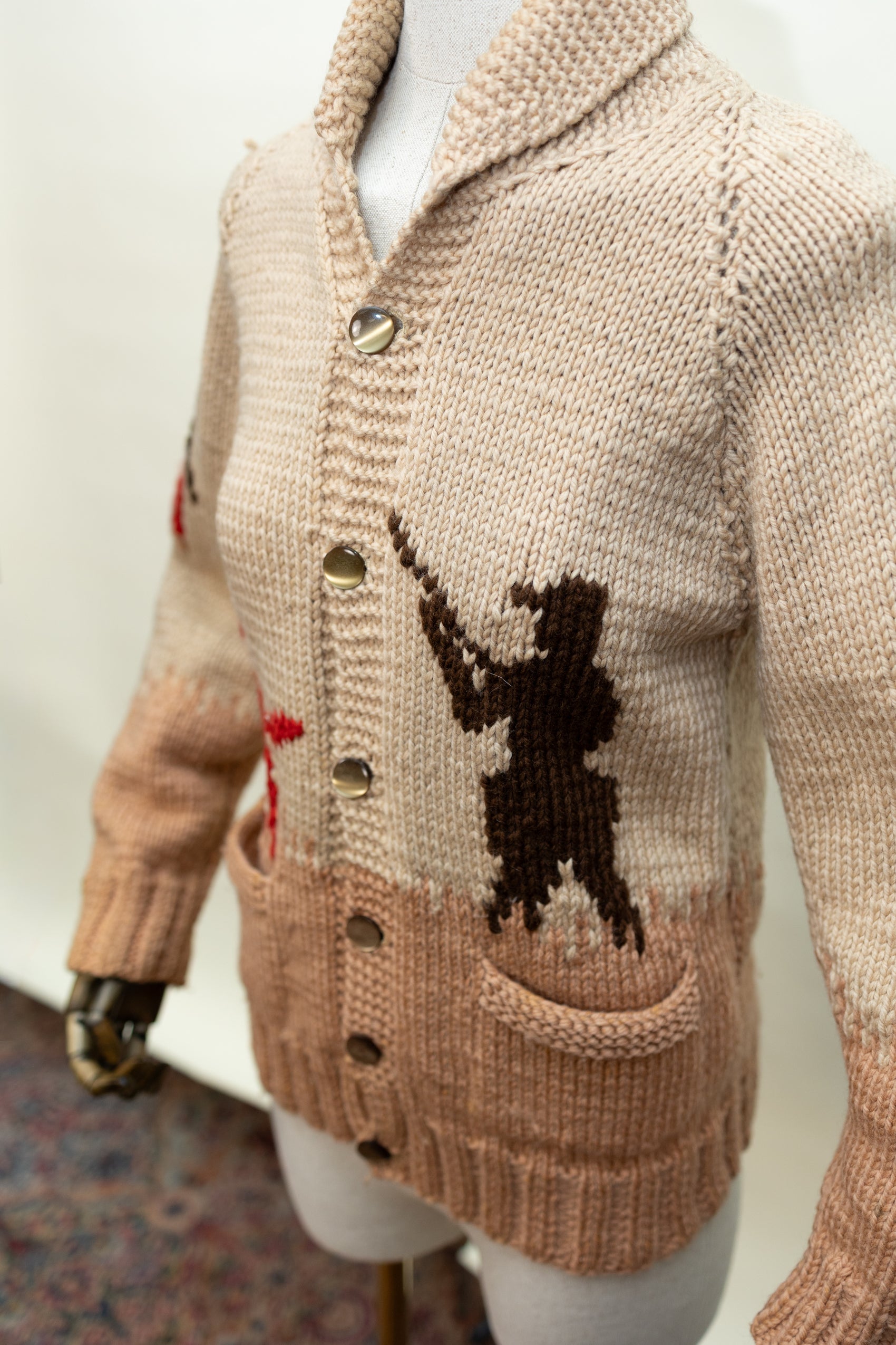 Vintage Hand-Knit Western Hunting Sweater – 1970s Cowichan-Style Wool Cardigan