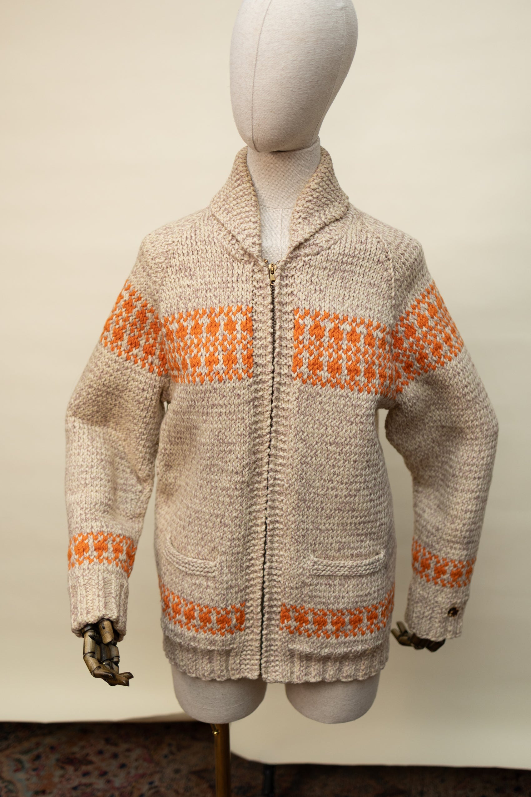 Vintage Hand-Knit Wool Zip Cardigan with Orange Pattern *COMING SOON*