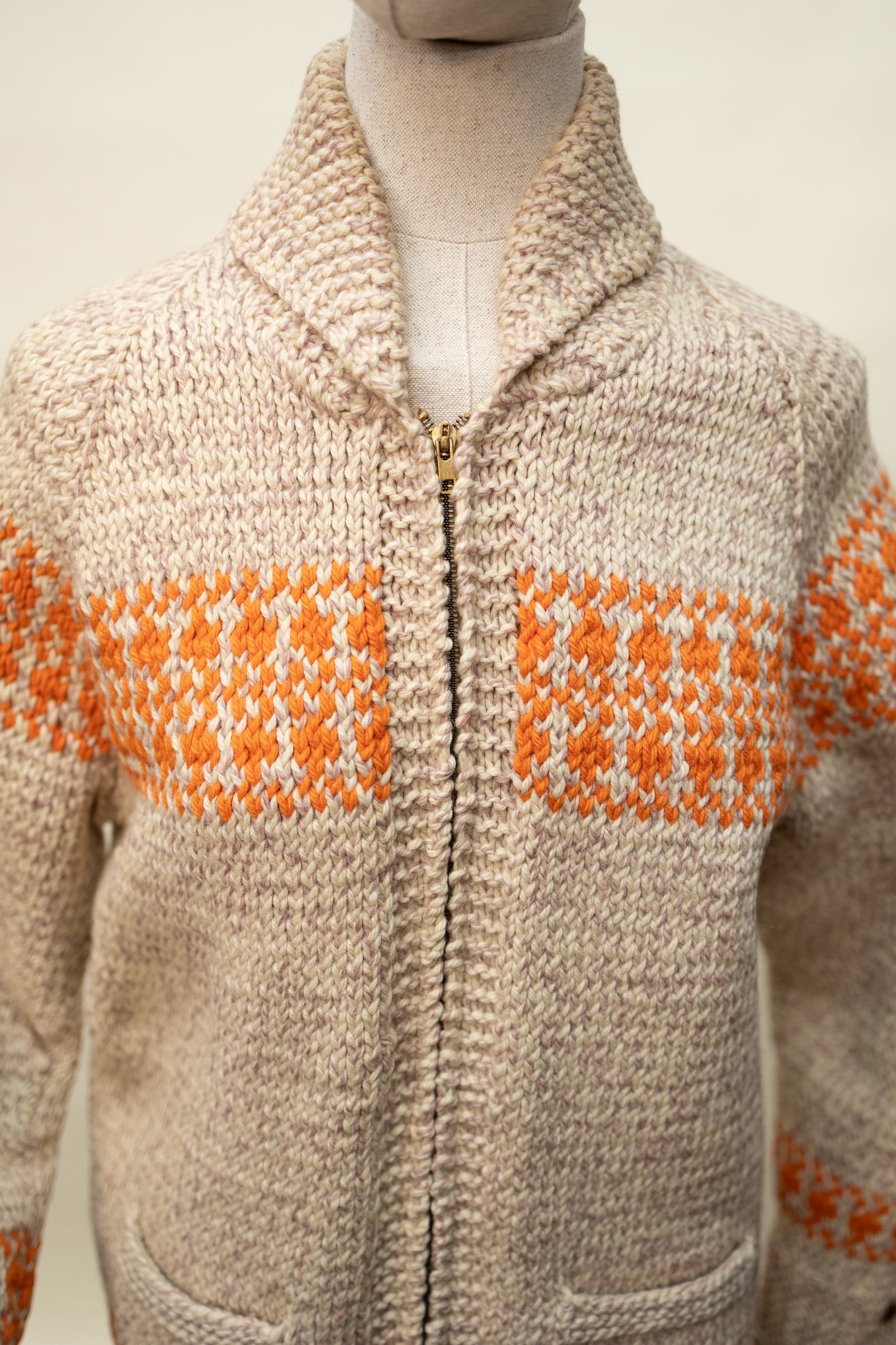 Vintage Hand-Knit Wool Zip Cardigan with Orange Pattern *COMING SOON*