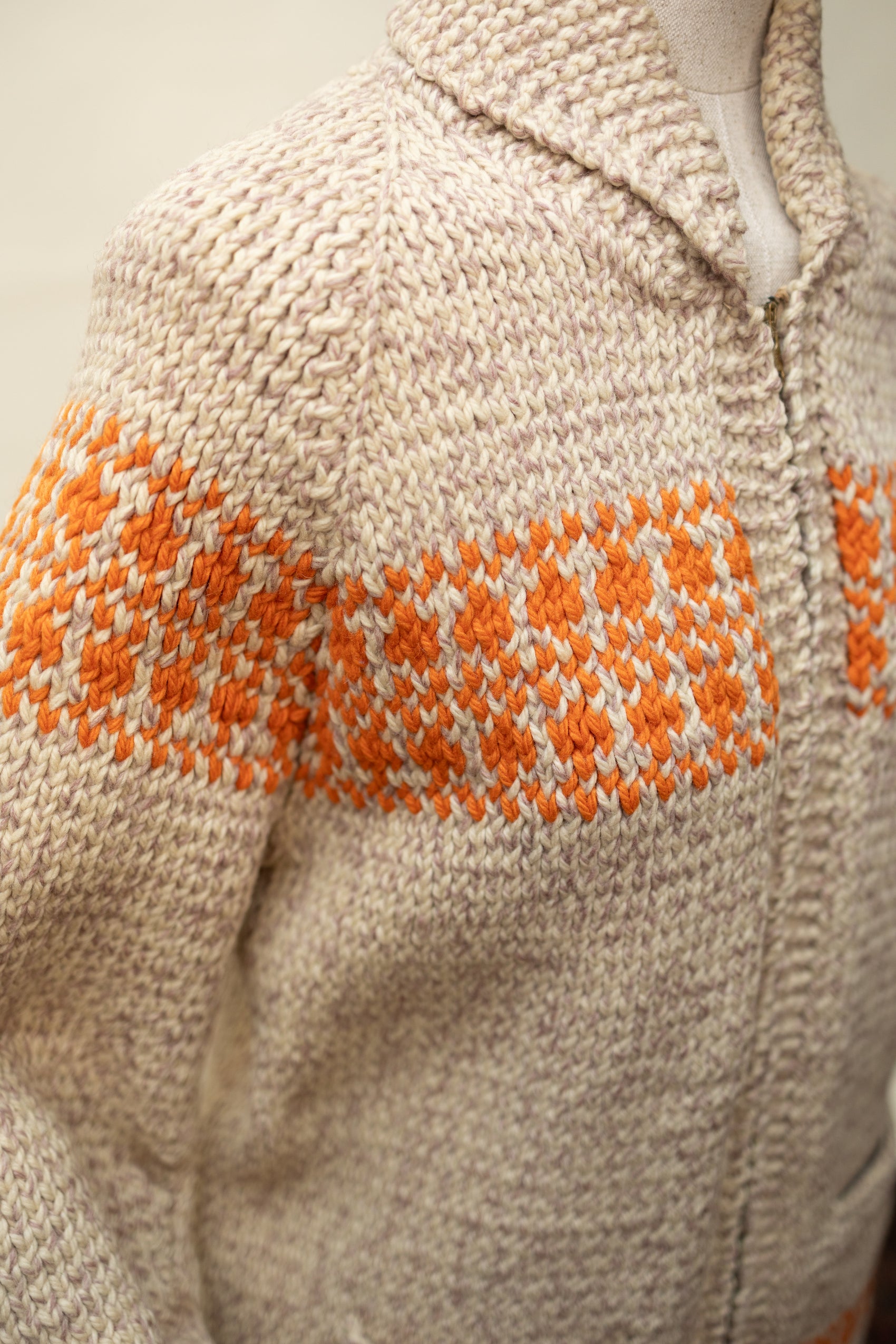 Vintage Hand-Knit Wool Zip Cardigan with Orange Pattern *COMING SOON*