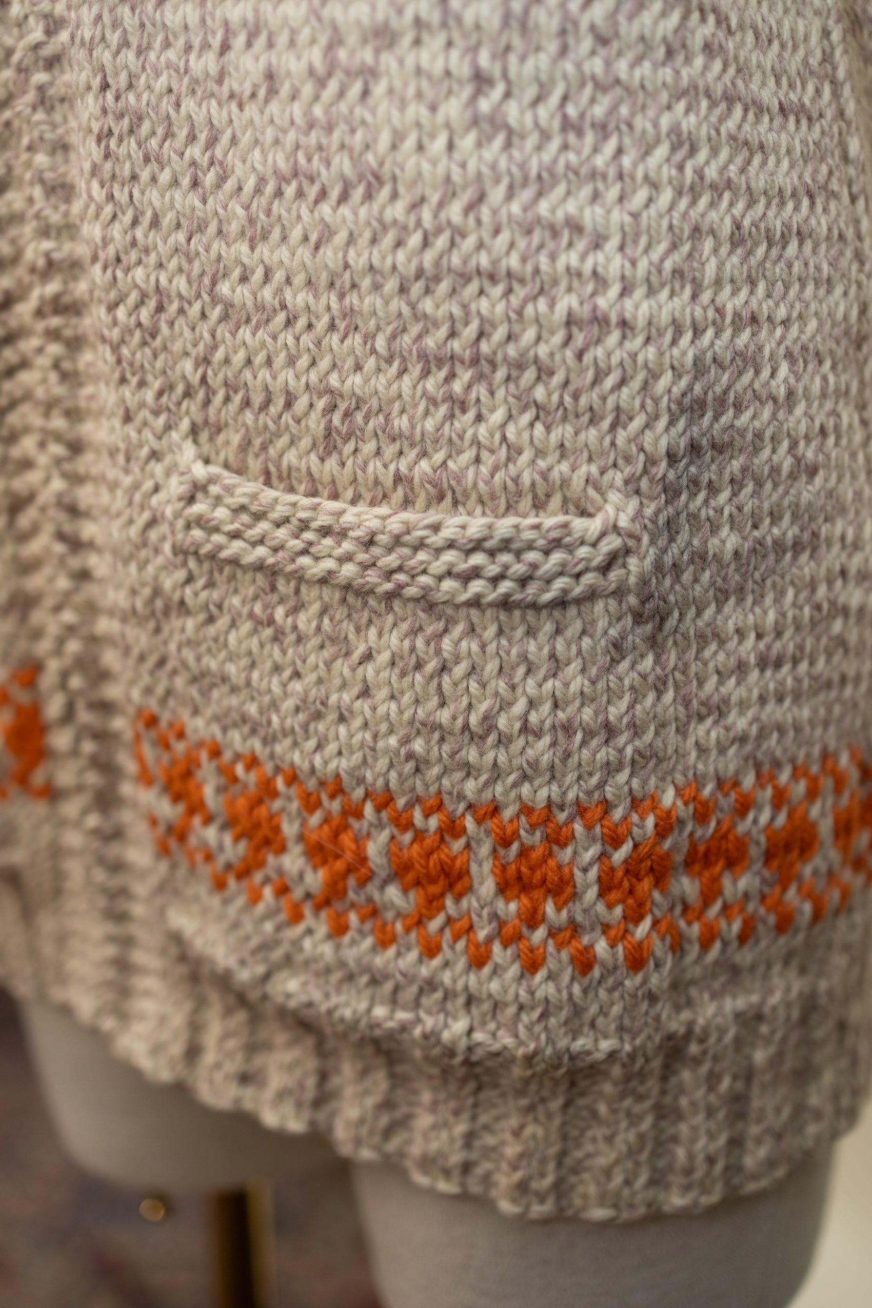 Vintage Hand-Knit Wool Zip Cardigan with Orange Pattern *COMING SOON*