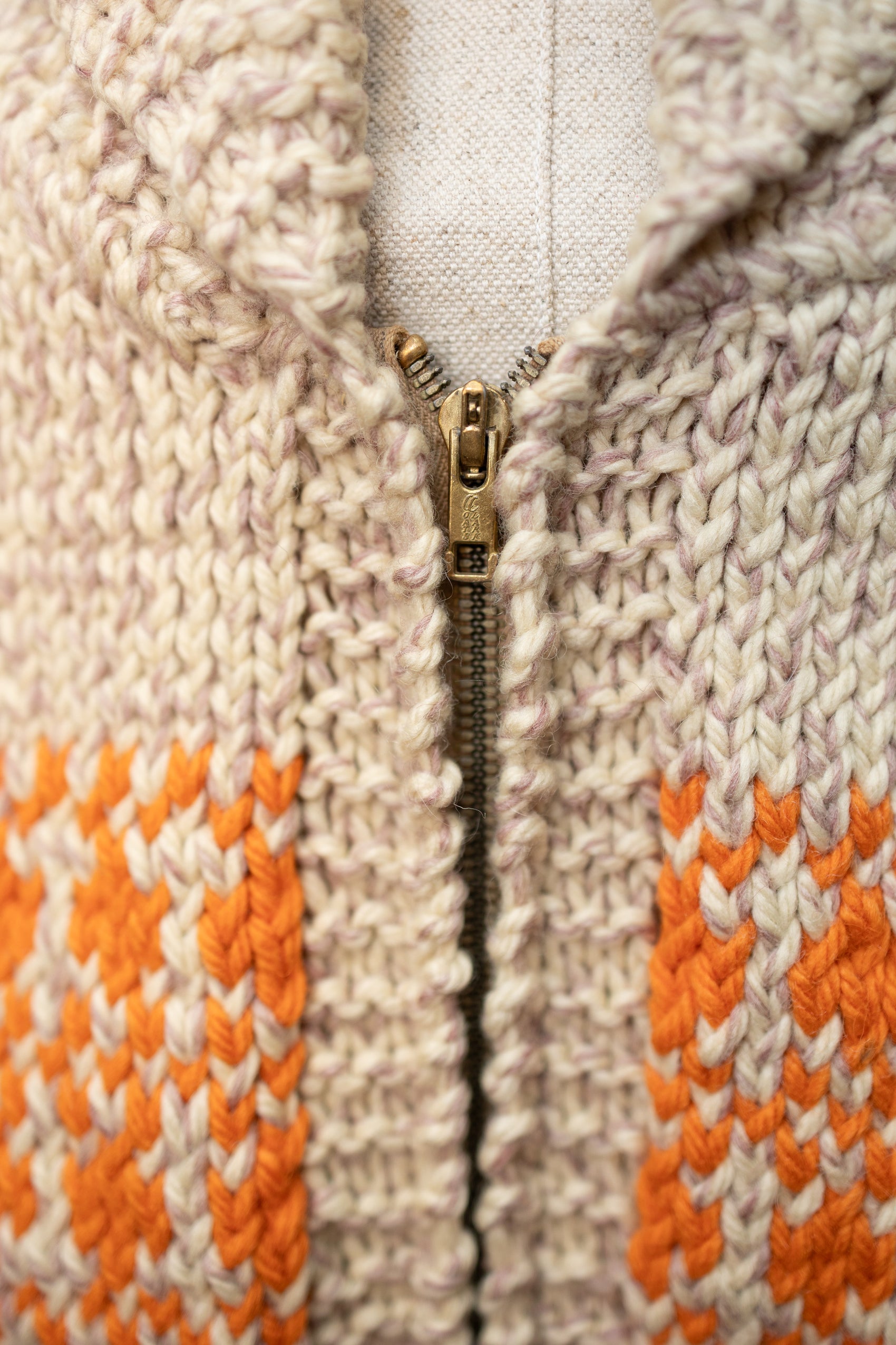 Vintage Hand-Knit Wool Zip Cardigan with Orange Pattern *COMING SOON*