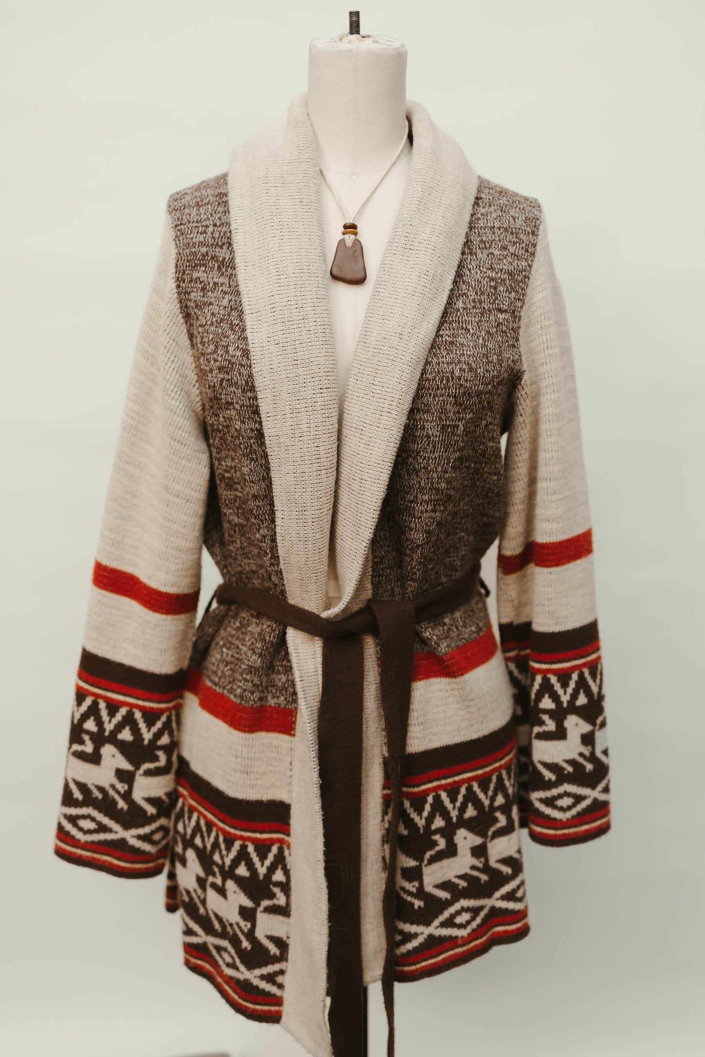 Southwestern-Inspired Belted Cardigan – Horses & Geometric Motif