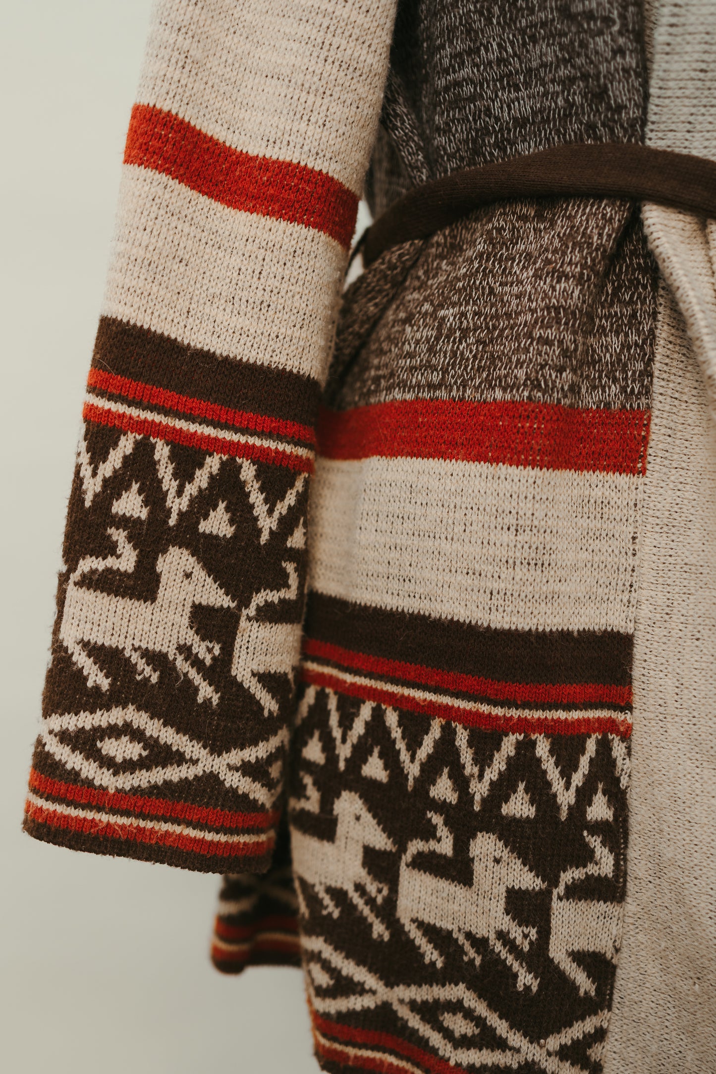 Southwestern-Inspired Belted Cardigan – Horses & Geometric Motif