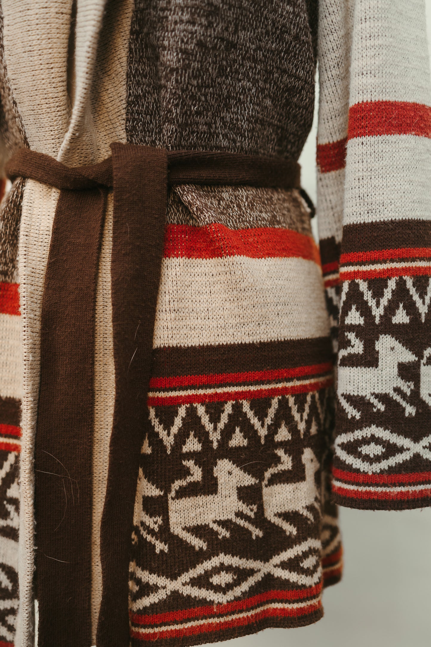 Southwestern-Inspired Belted Cardigan – Horses & Geometric Motif