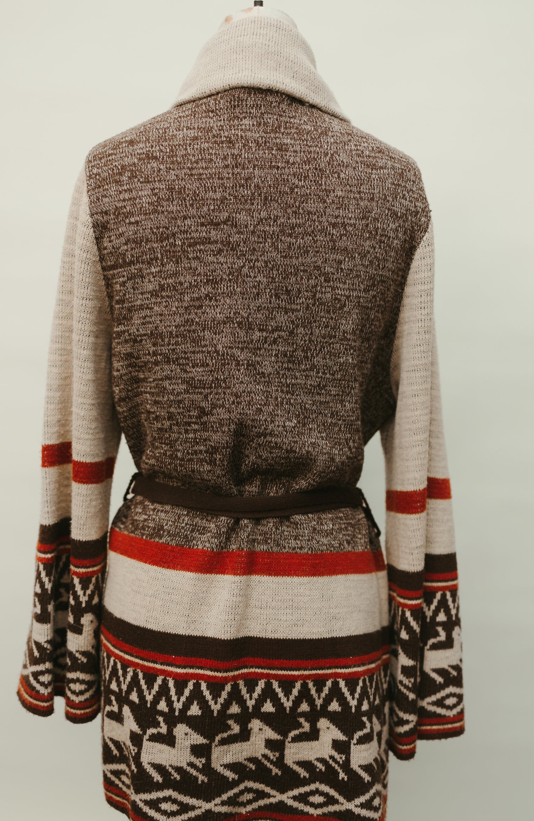 Southwestern-Inspired Belted Cardigan – Horses & Geometric Motif