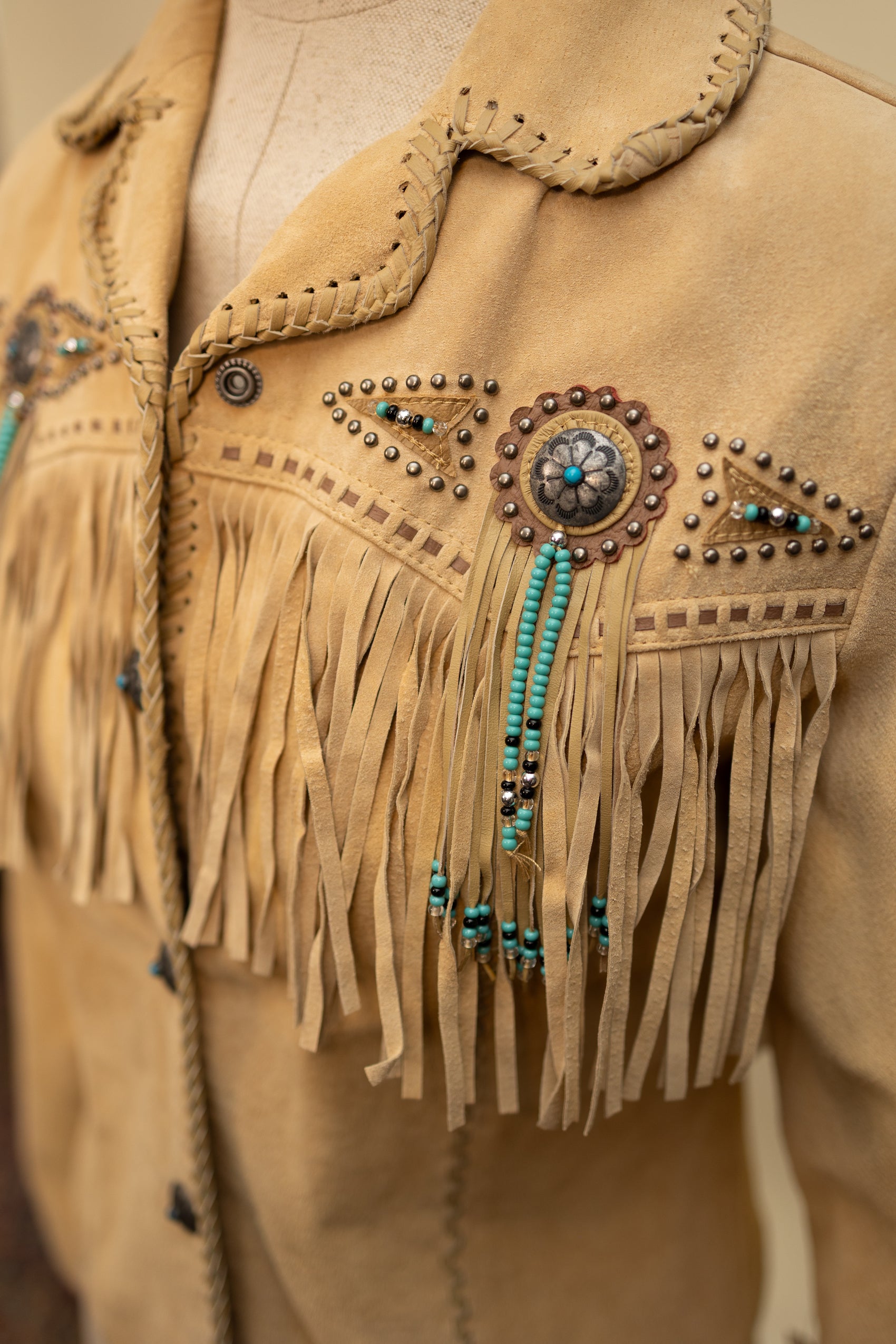 Vintage Suede Fringe Jacket with Beaded Medallions and Turquoise Studs *COMING SOON*