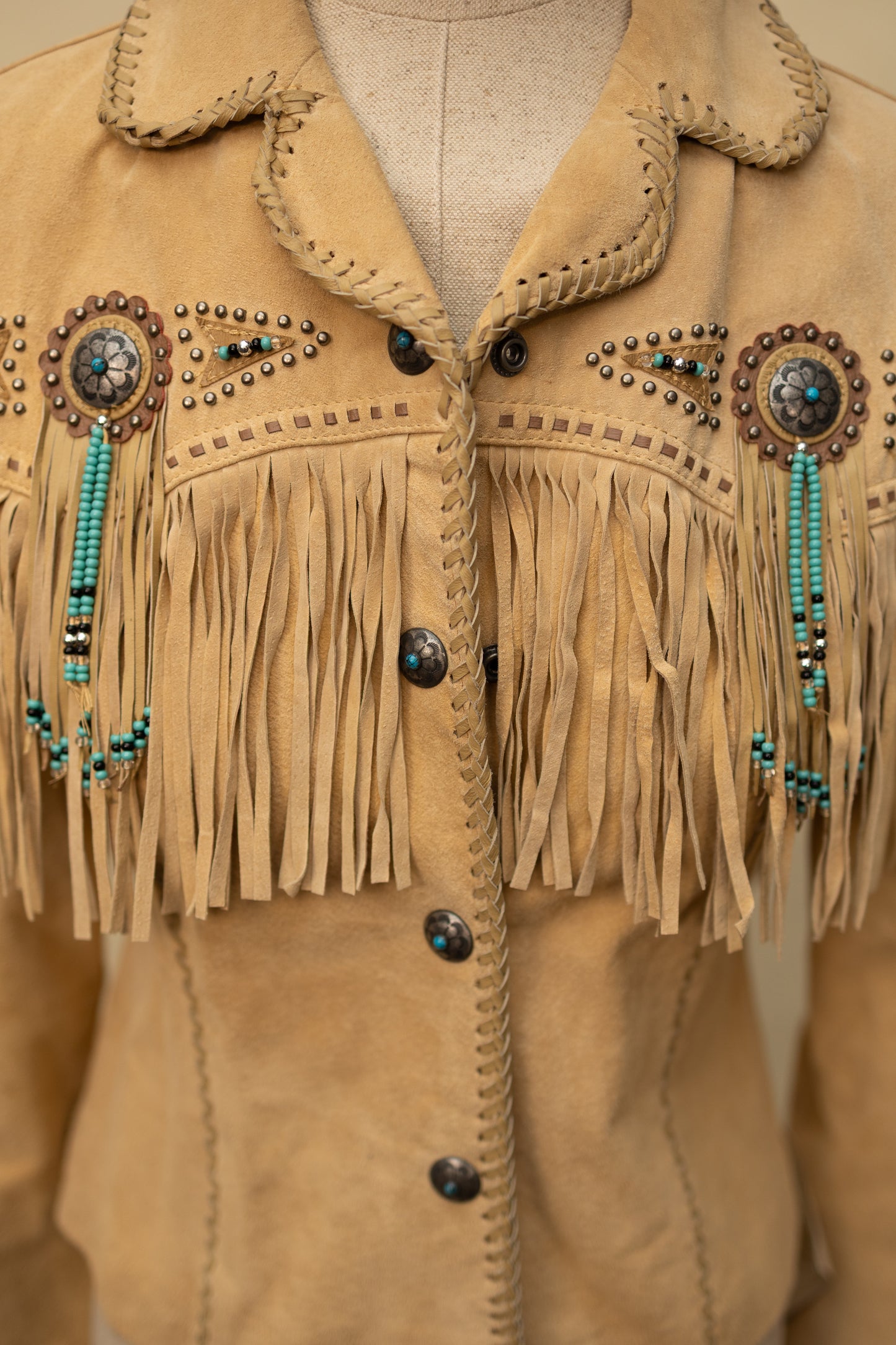 Vintage Suede Fringe Jacket with Beaded Medallions and Turquoise Studs *COMING SOON*