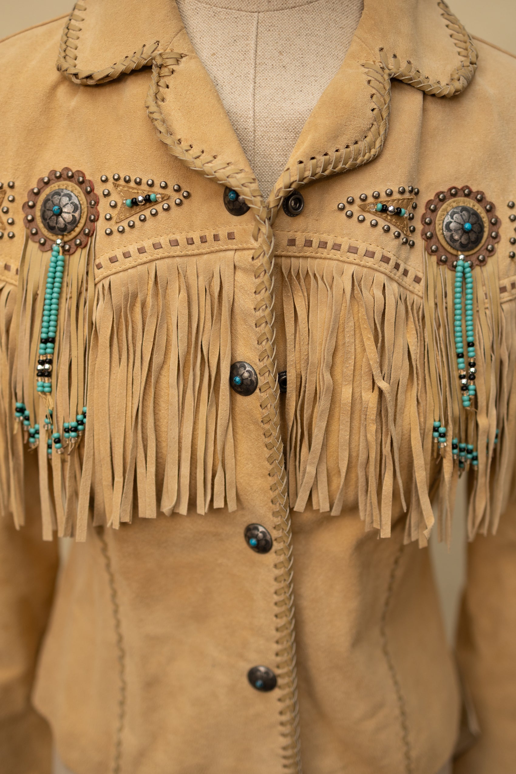 Vintage Suede Fringe Jacket with Beaded Medallions and Turquoise Studs *COMING SOON*