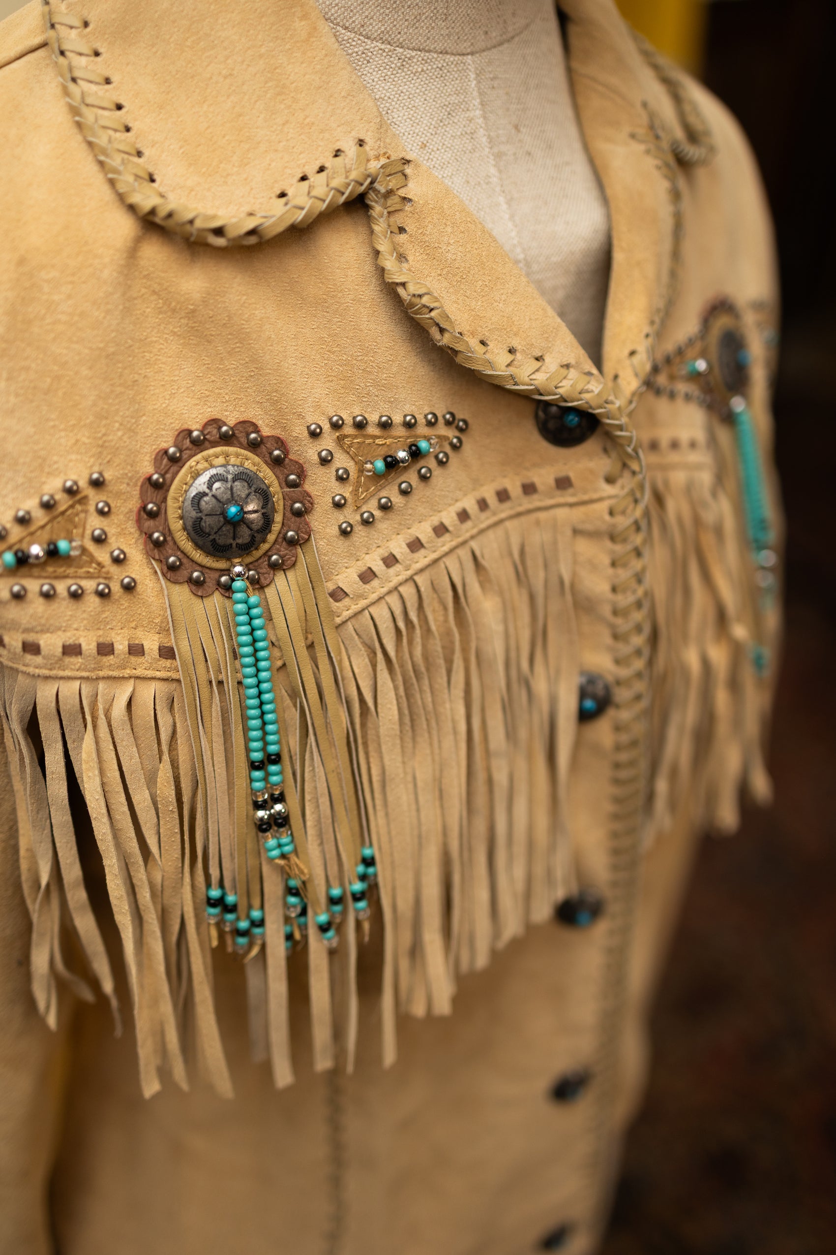 Vintage Suede Fringe Jacket with Beaded Medallions and Turquoise Studs *COMING SOON*