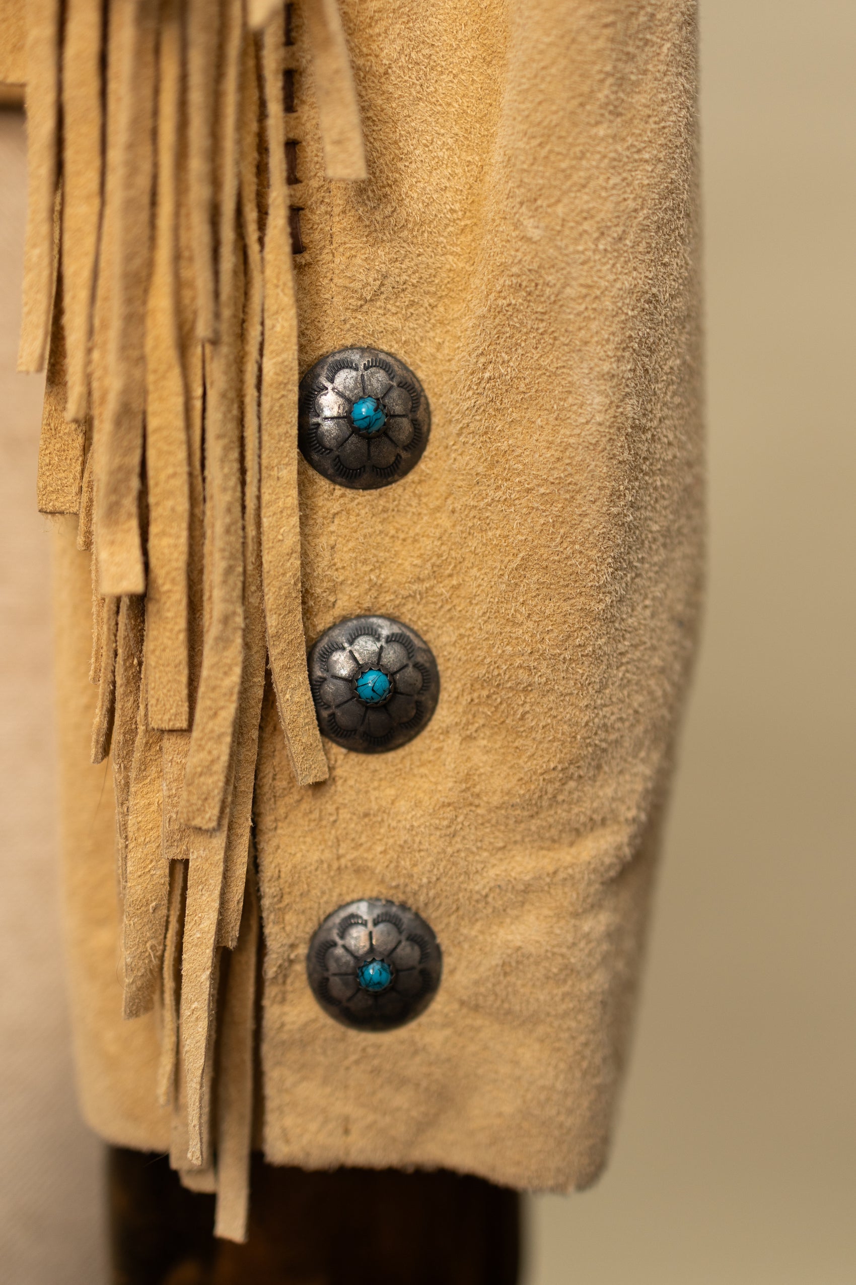 Vintage Suede Fringe Jacket with Beaded Medallions and Turquoise Studs *COMING SOON*