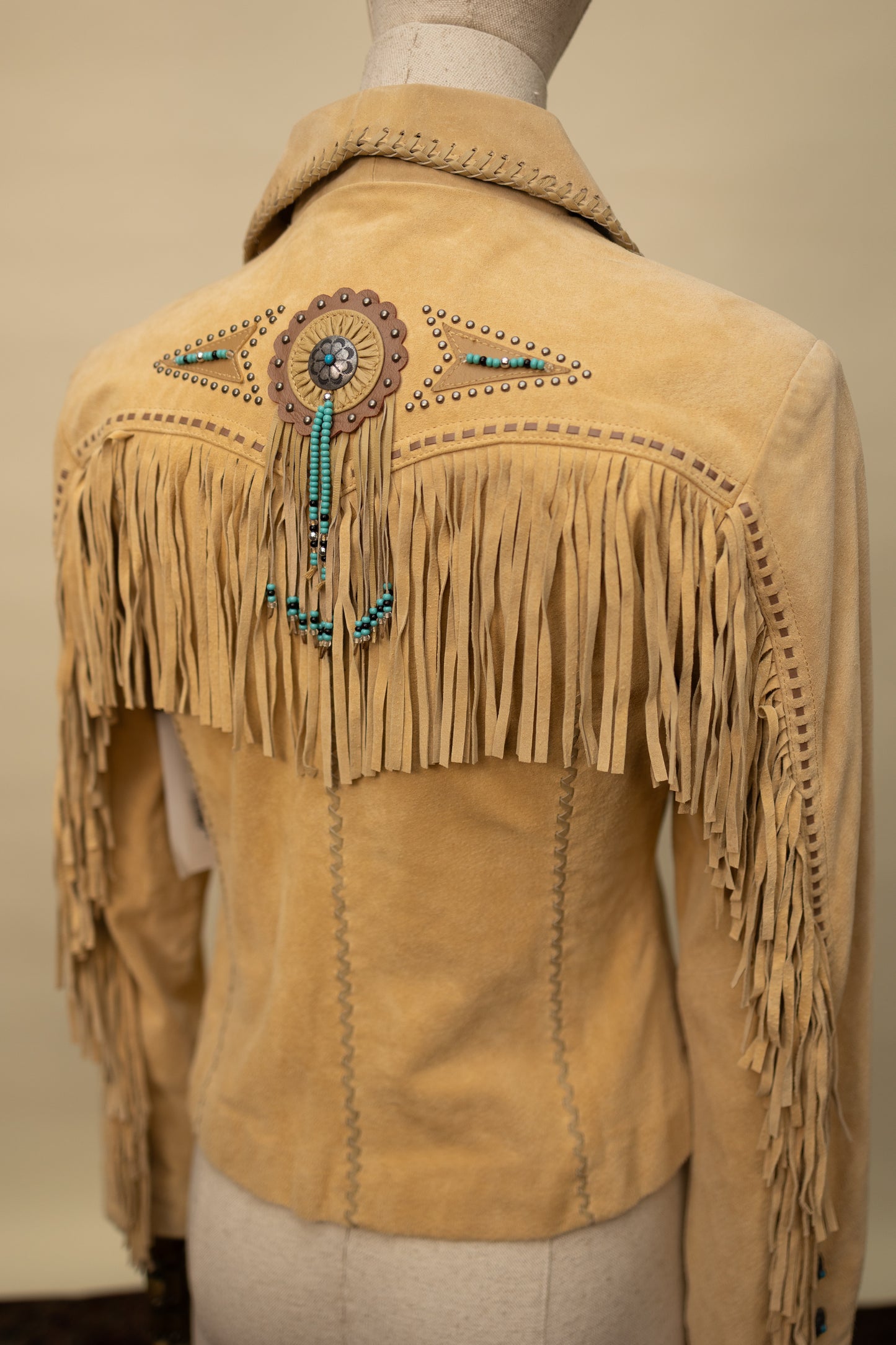 Vintage Suede Fringe Jacket with Beaded Medallions and Turquoise Studs *COMING SOON*
