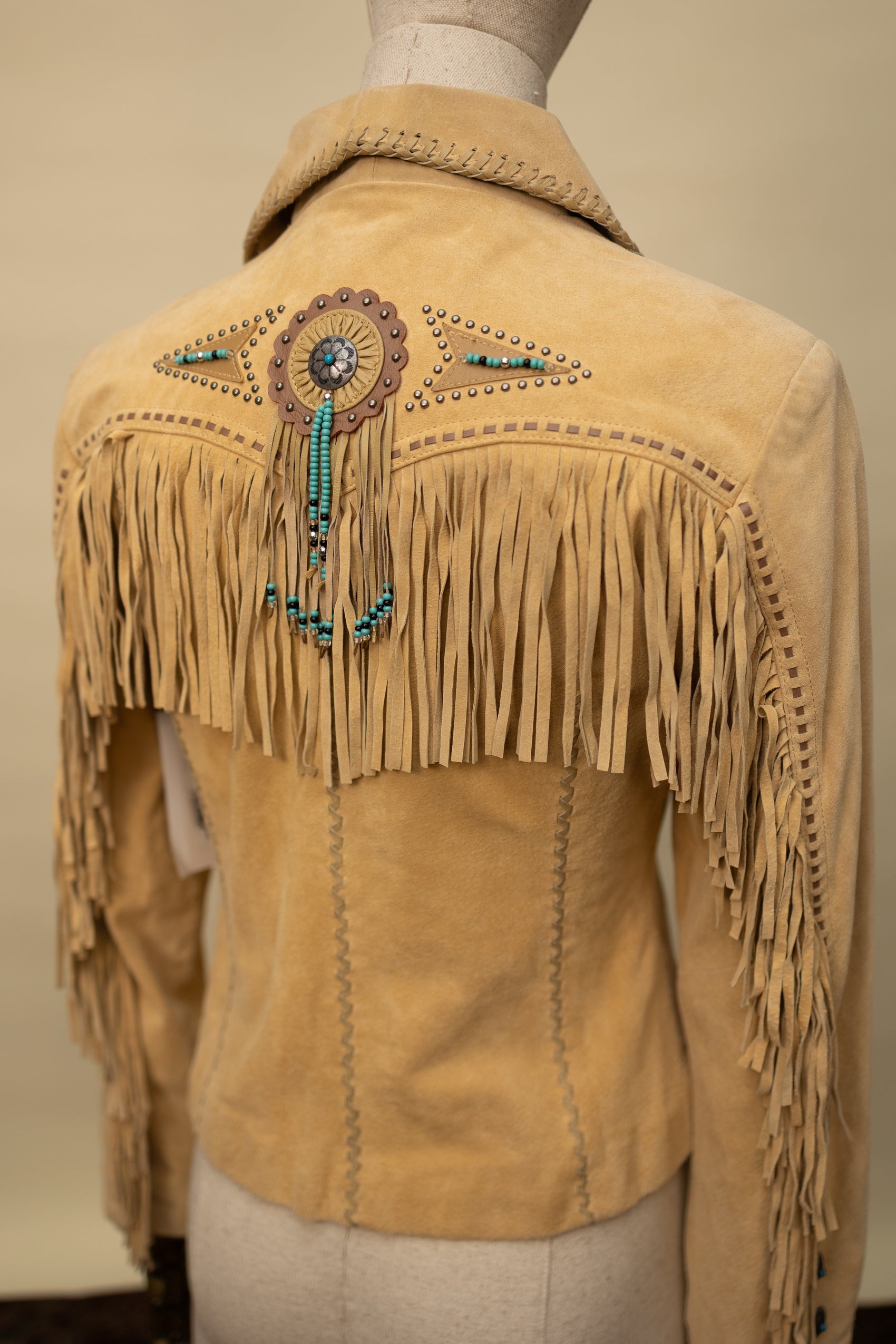 Vintage Suede Fringe Jacket with Beaded Medallions and Turquoise Studs *COMING SOON*