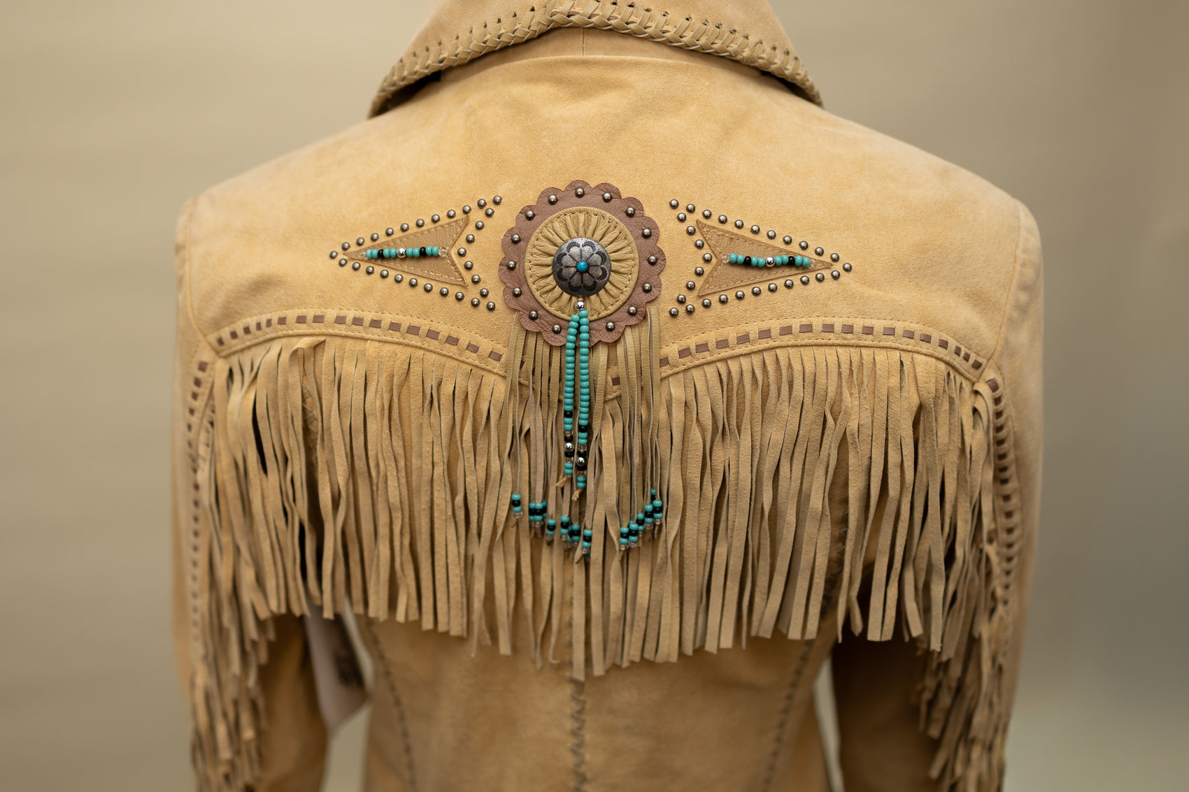 Vintage Suede Fringe Jacket with Beaded Medallions and Turquoise Studs *COMING SOON*
