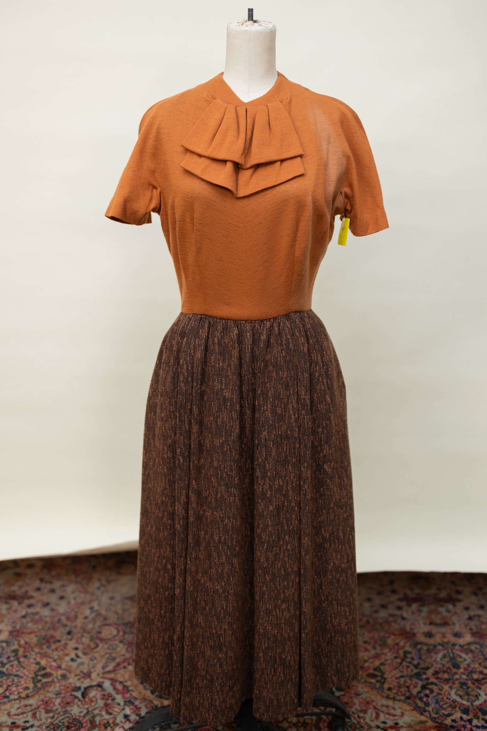 1950s Rust Wool Dress – Layered Bow Bodice & Textured Skirt *COMING SOON*