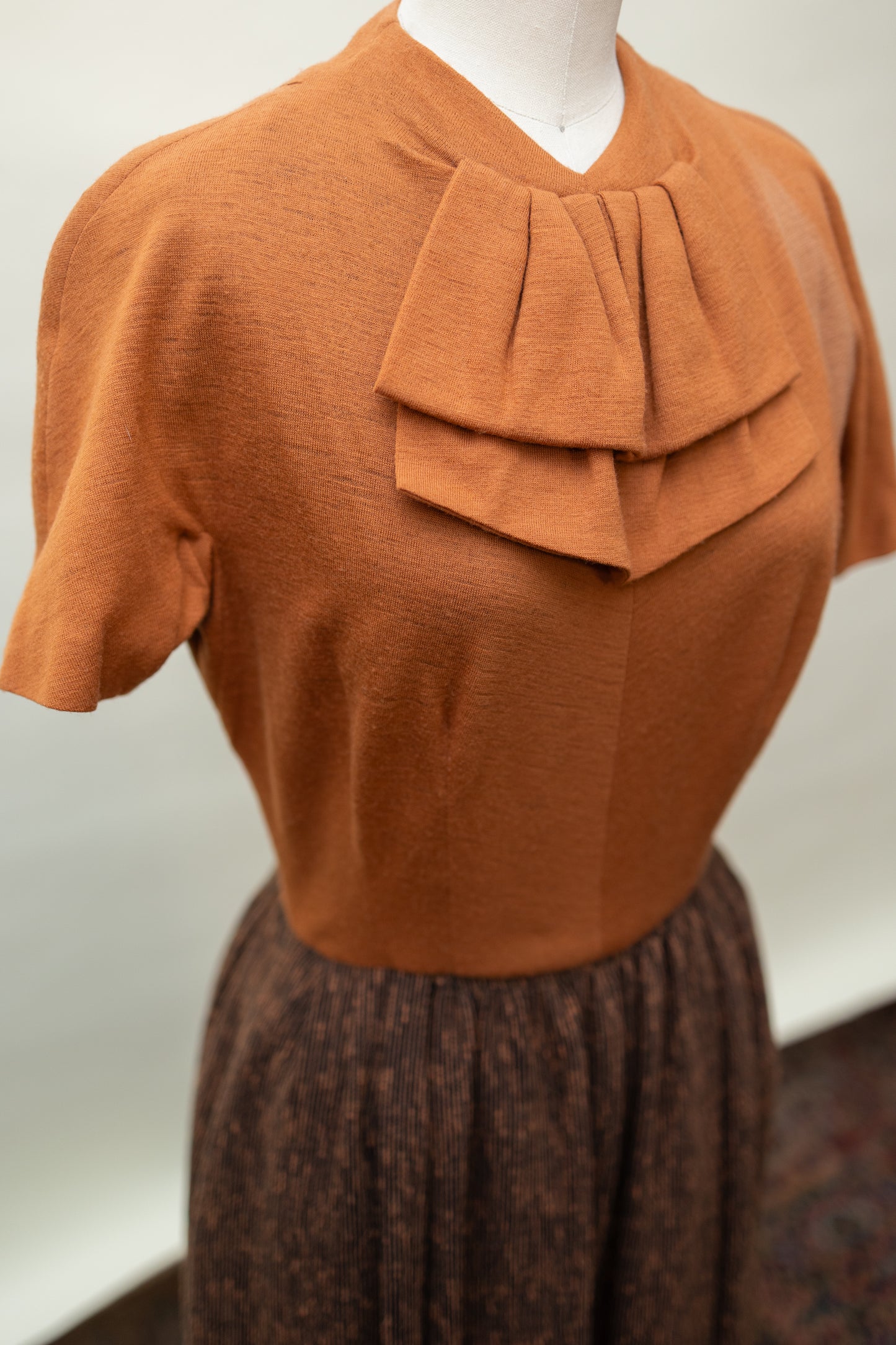 1950s Rust Wool Dress – Layered Bow Bodice & Textured Skirt *COMING SOON*