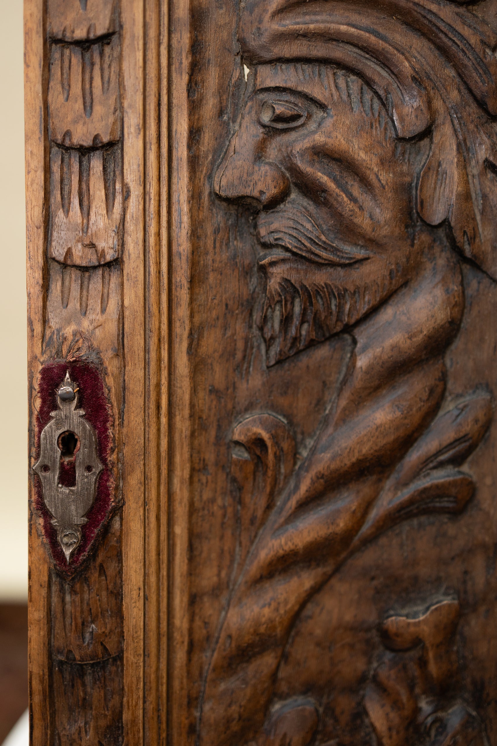 Antique Hand-Carved Wooden Cabinet Door Panel – Bearded Man Relief *COMING SOON*