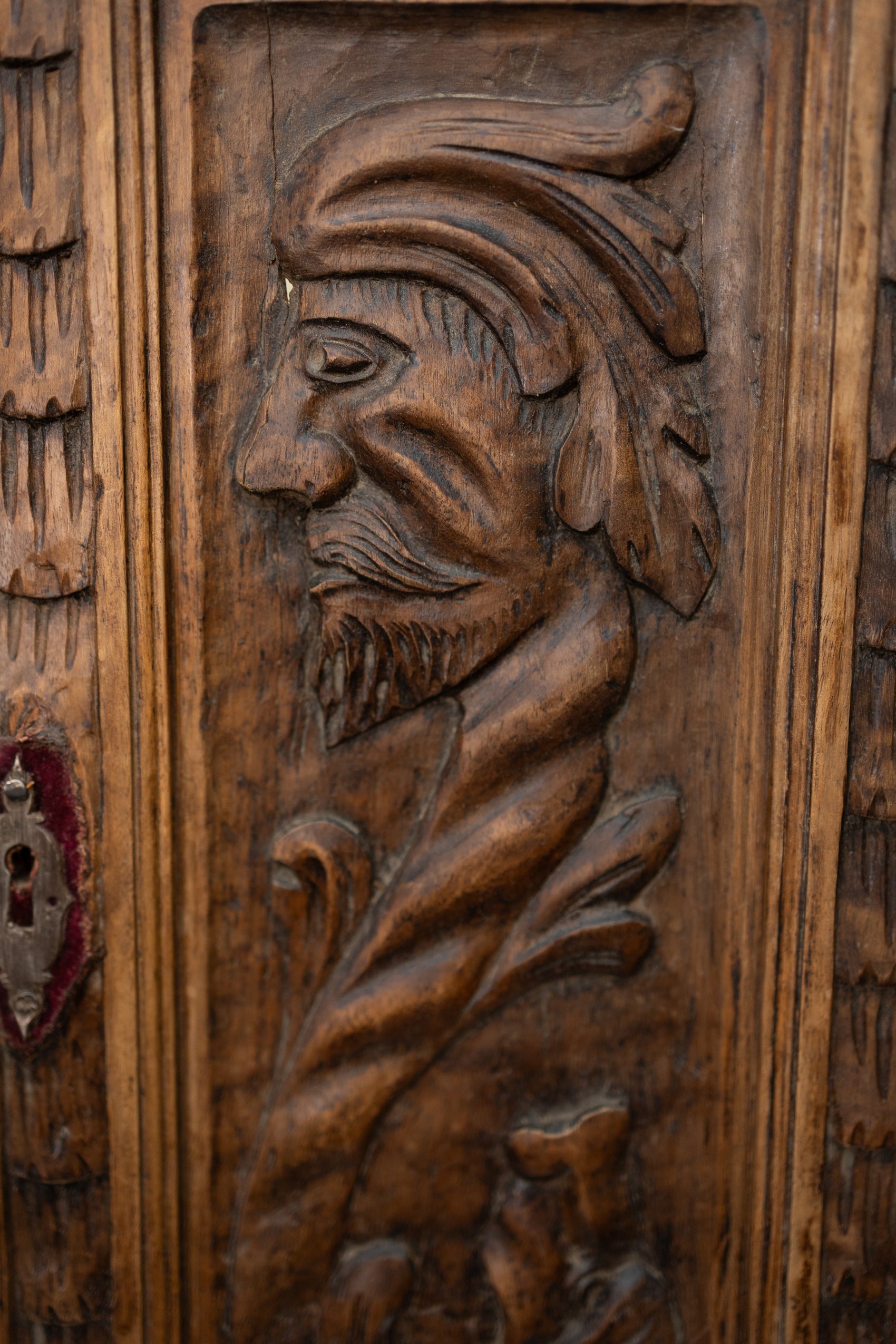Antique Hand-Carved Wooden Cabinet Door Panel – Bearded Man Relief *COMING SOON*