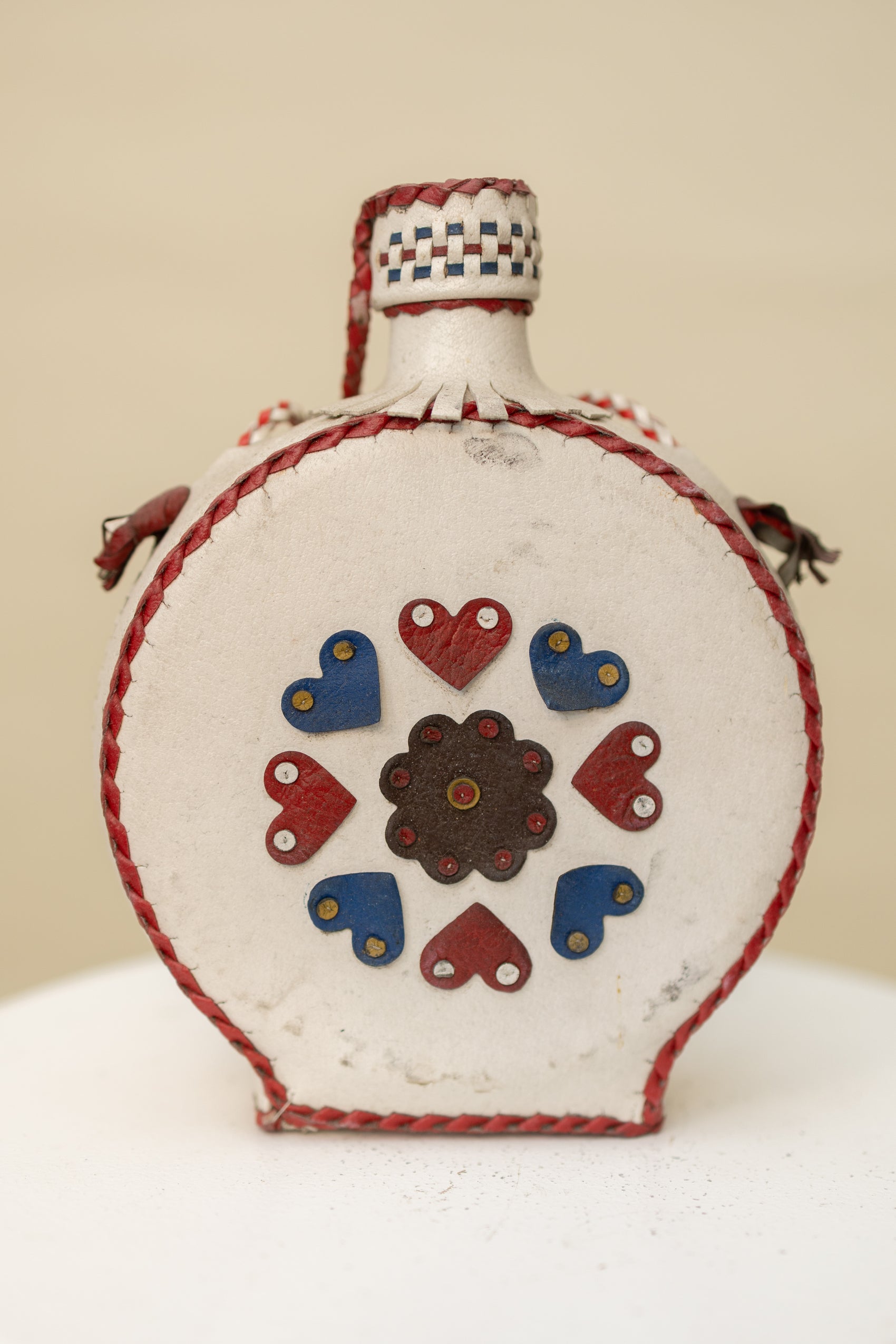 Vintage Leather Folk Art Flask – Red, White & Blue Heart Motif *COMING SOON*