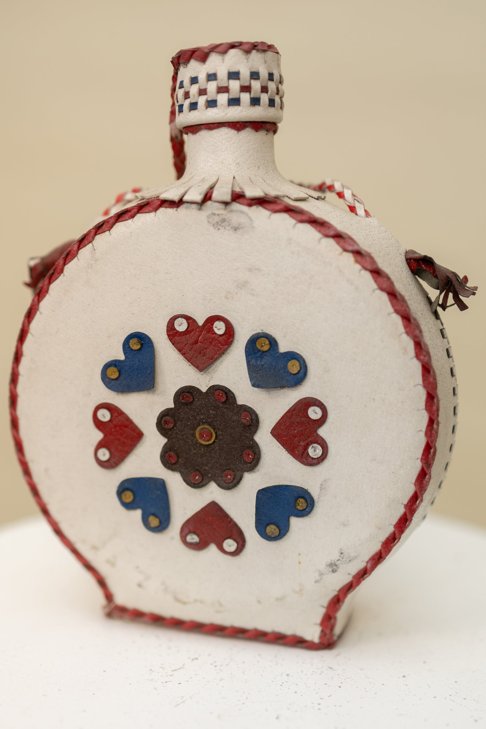 Vintage Leather Folk Art Flask – Red, White & Blue Heart Motif *COMING SOON*