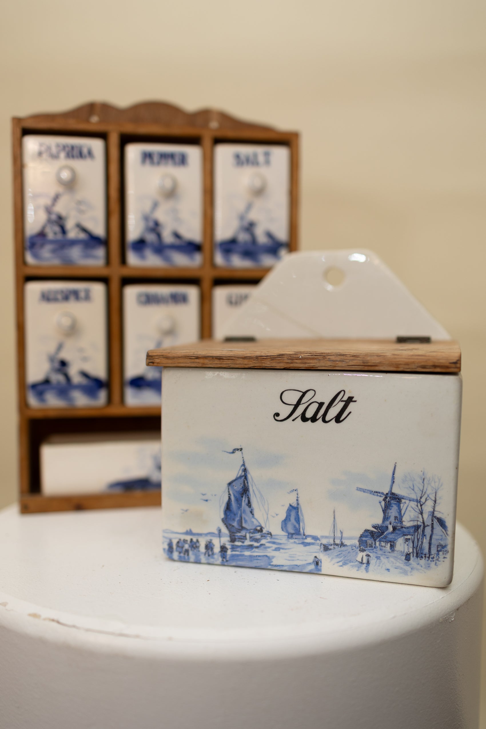 Vintage Dutch Blue Salt Box — Ceramic & Wood Lid
