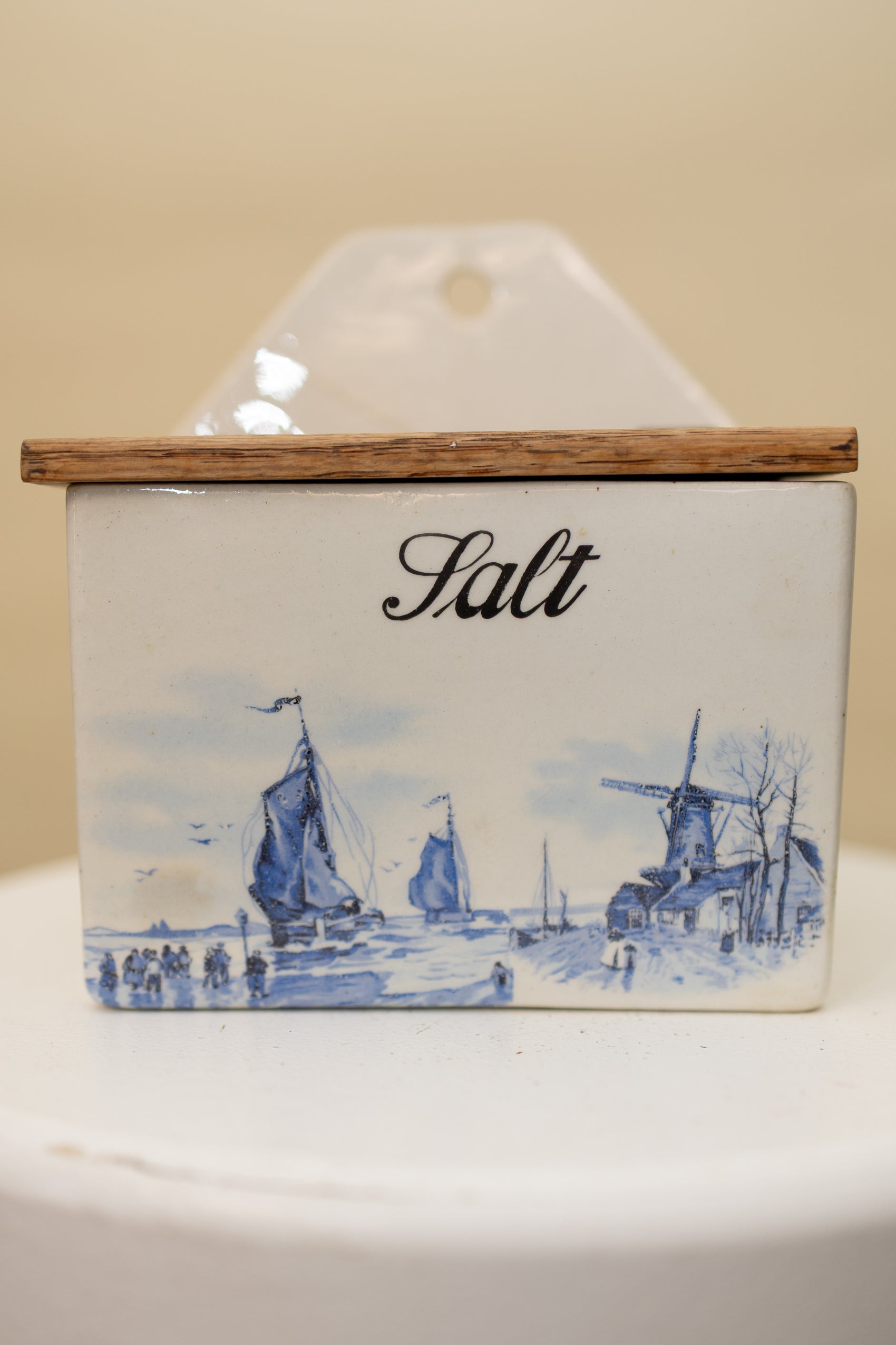 Vintage Dutch Blue Salt Box — Ceramic & Wood Lid
