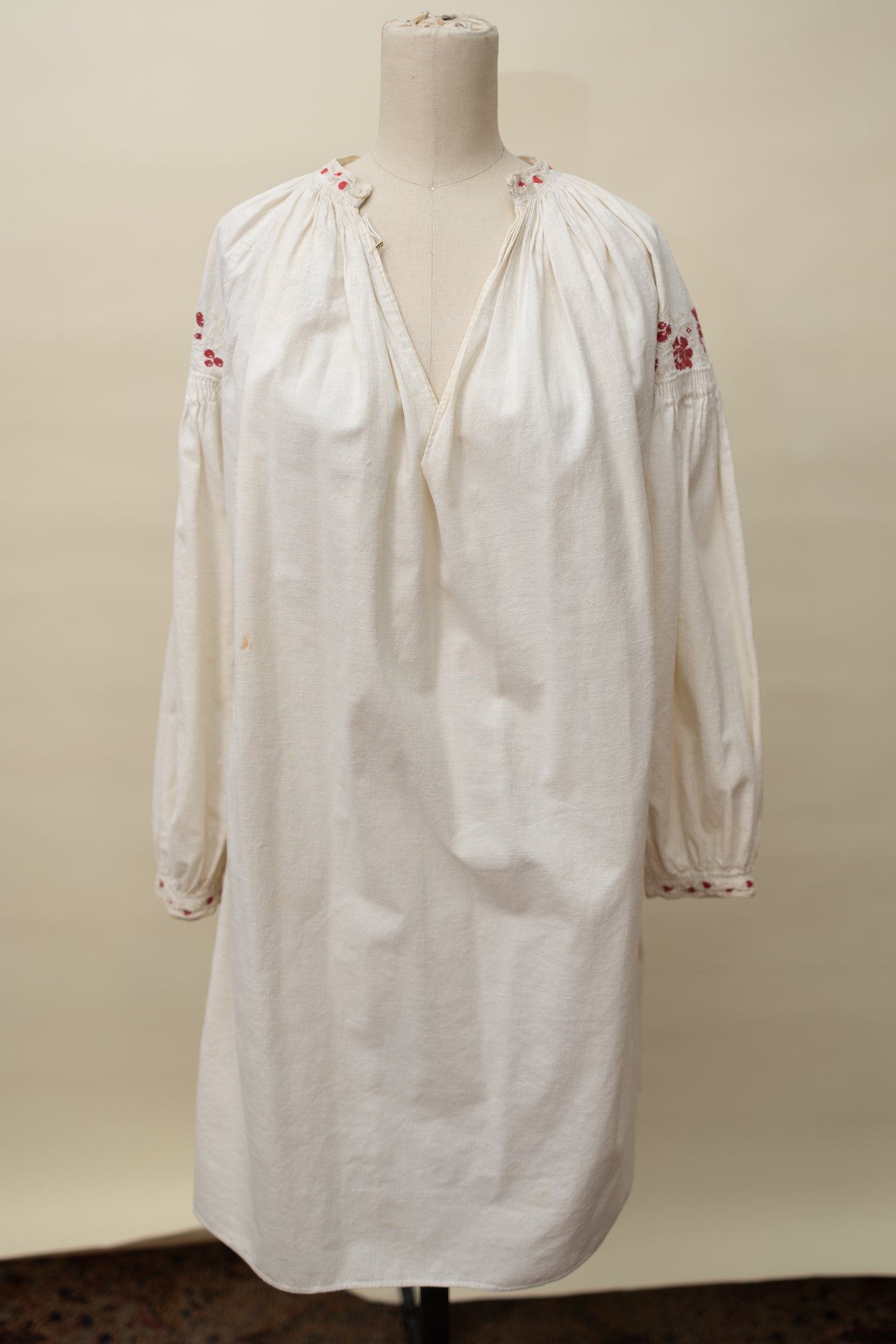 Antique Hand-Embroidered Linen Tunic – Red Floral Detail