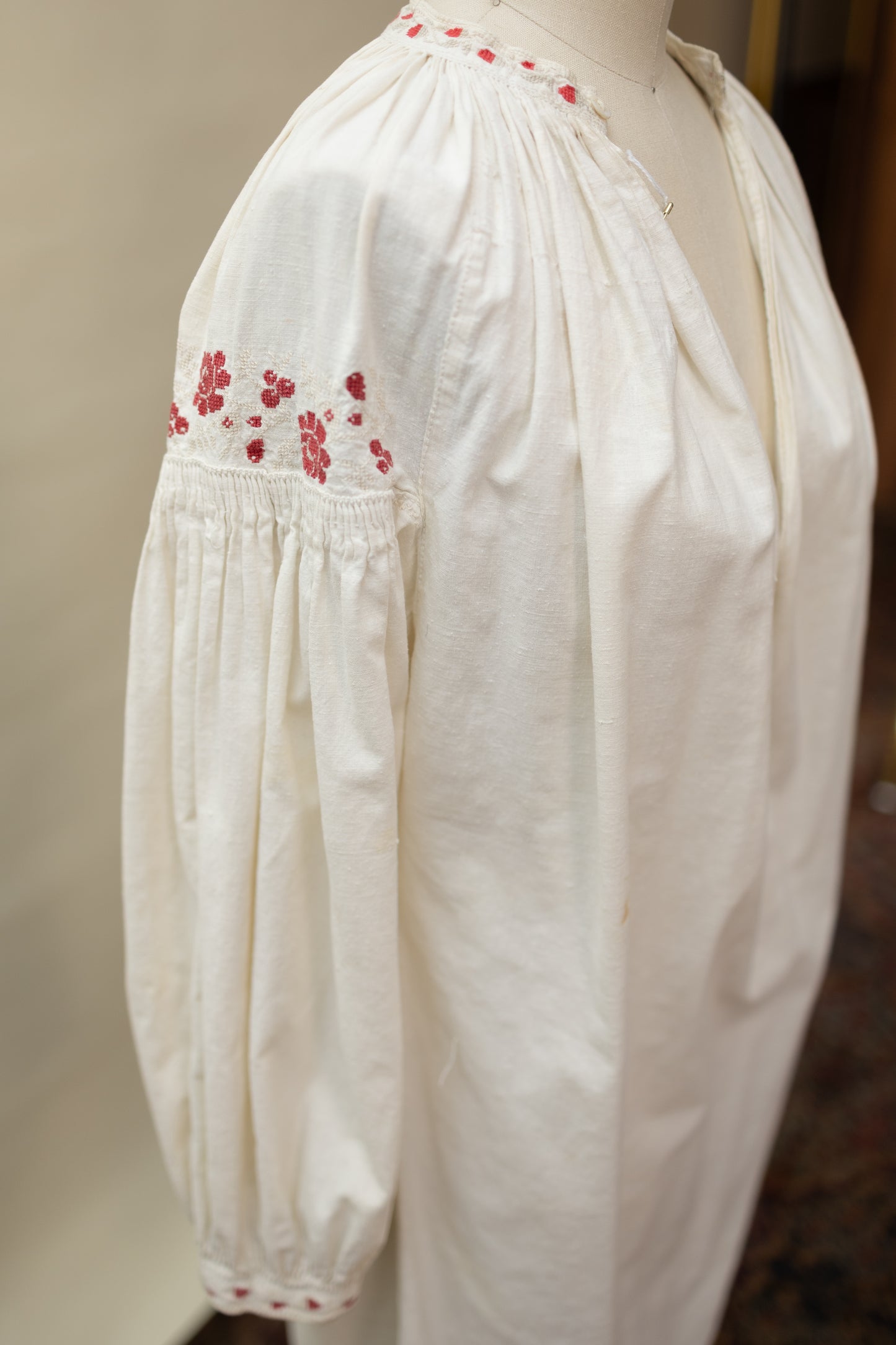 Antique Hand-Embroidered Linen Tunic – Red Floral Detail