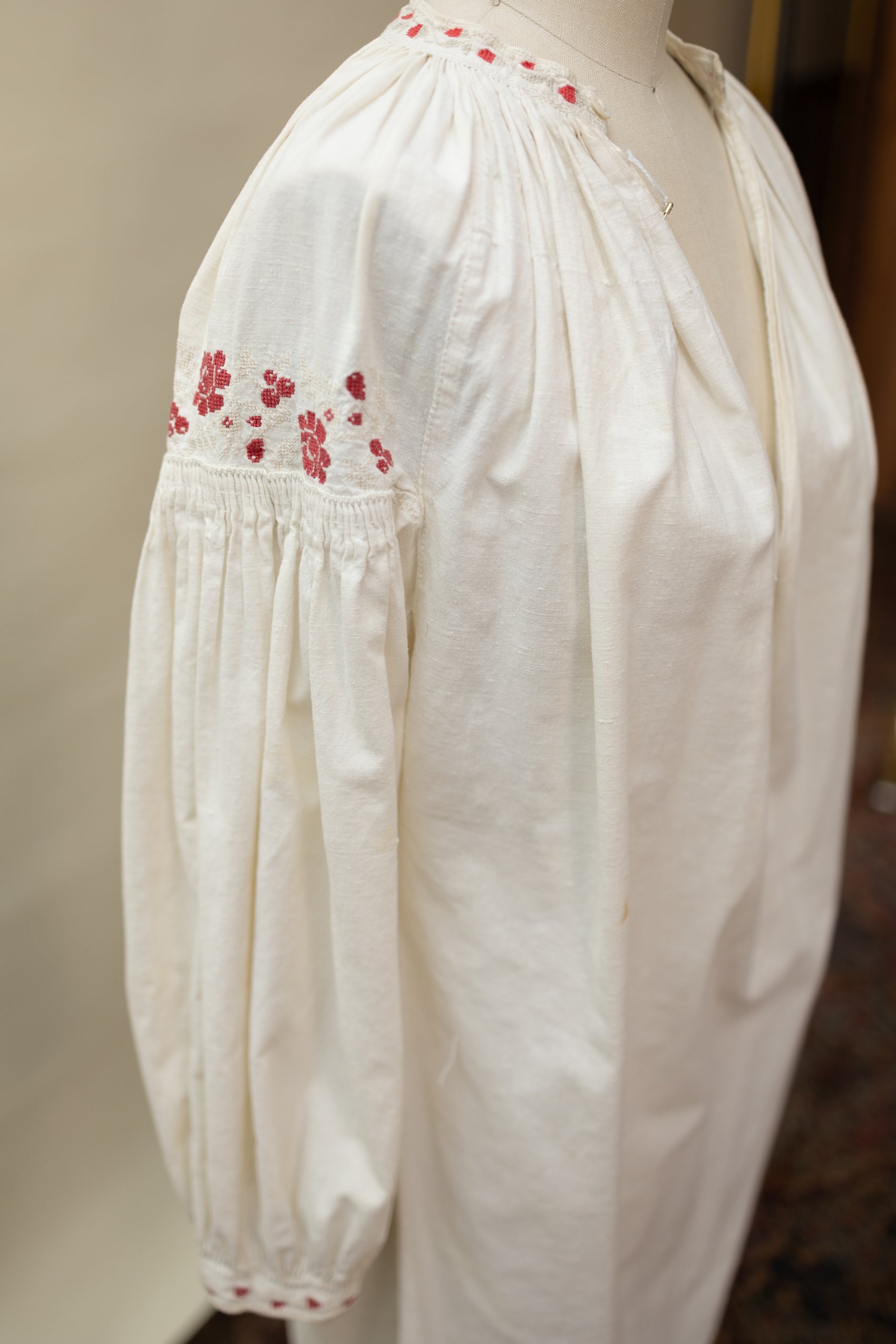 Antique Hand-Embroidered Linen Tunic – Red Floral Detail