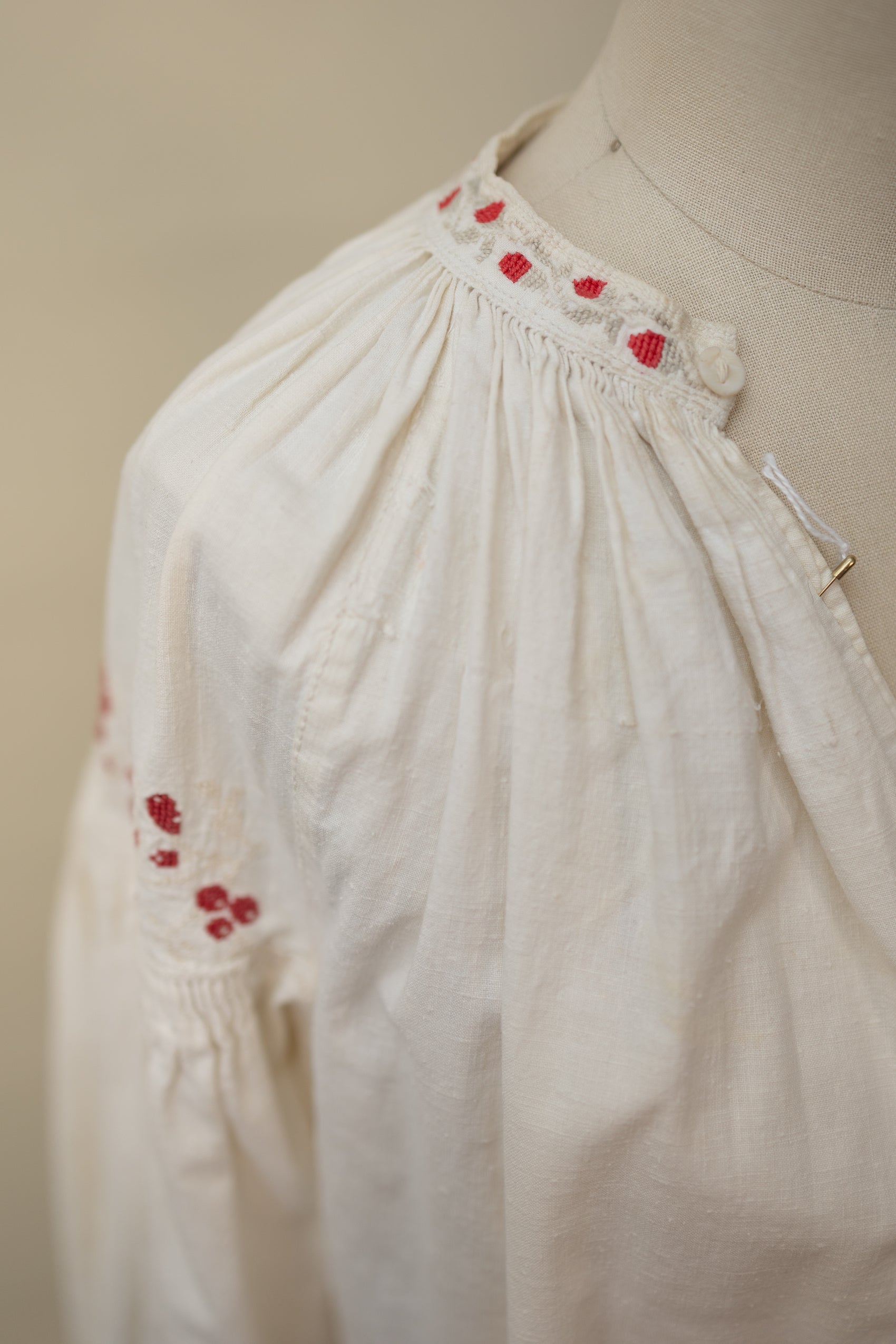 Antique Hand-Embroidered Linen Tunic – Red Floral Detail