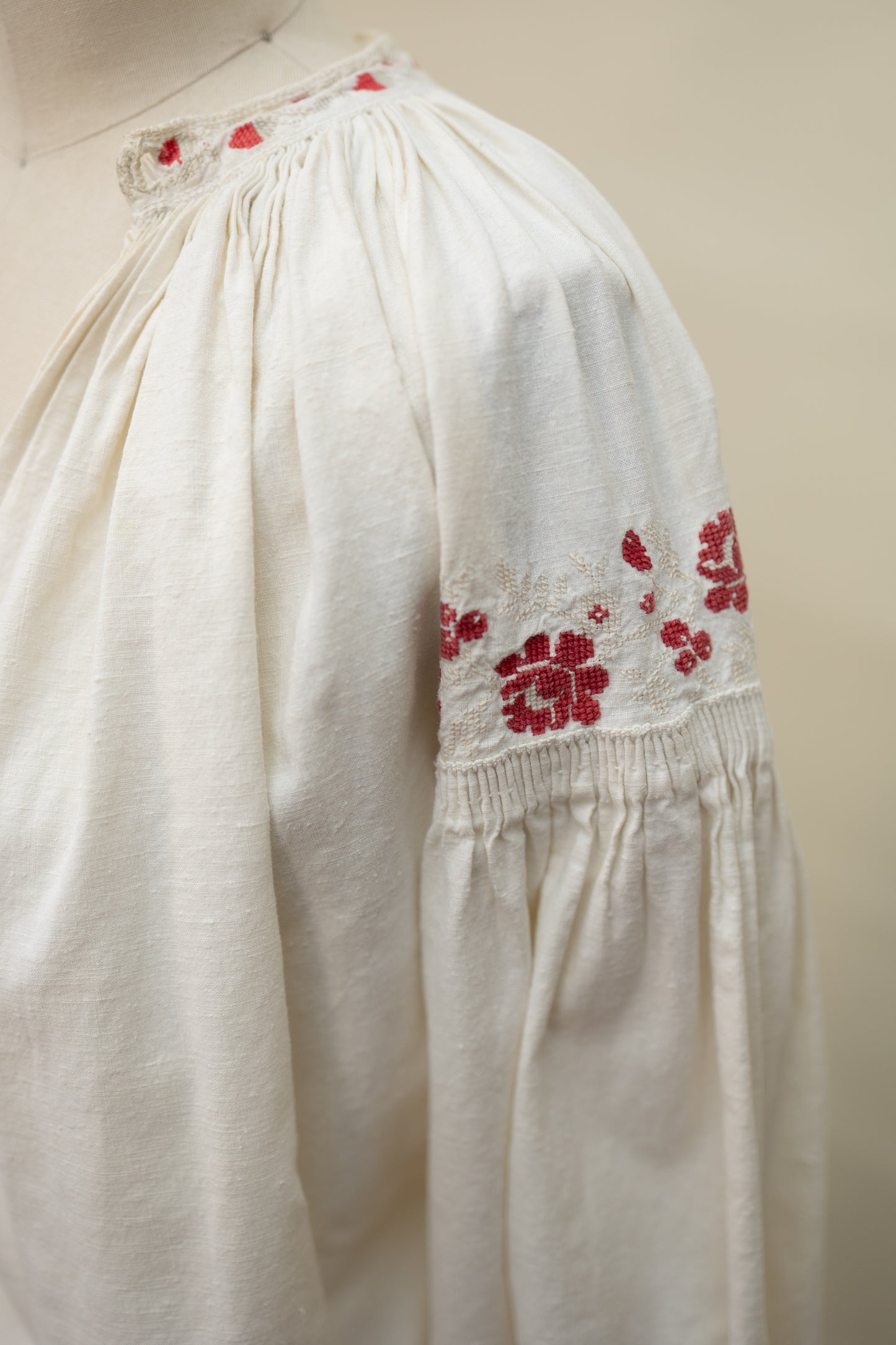 Antique Hand-Embroidered Linen Tunic – Red Floral Detail