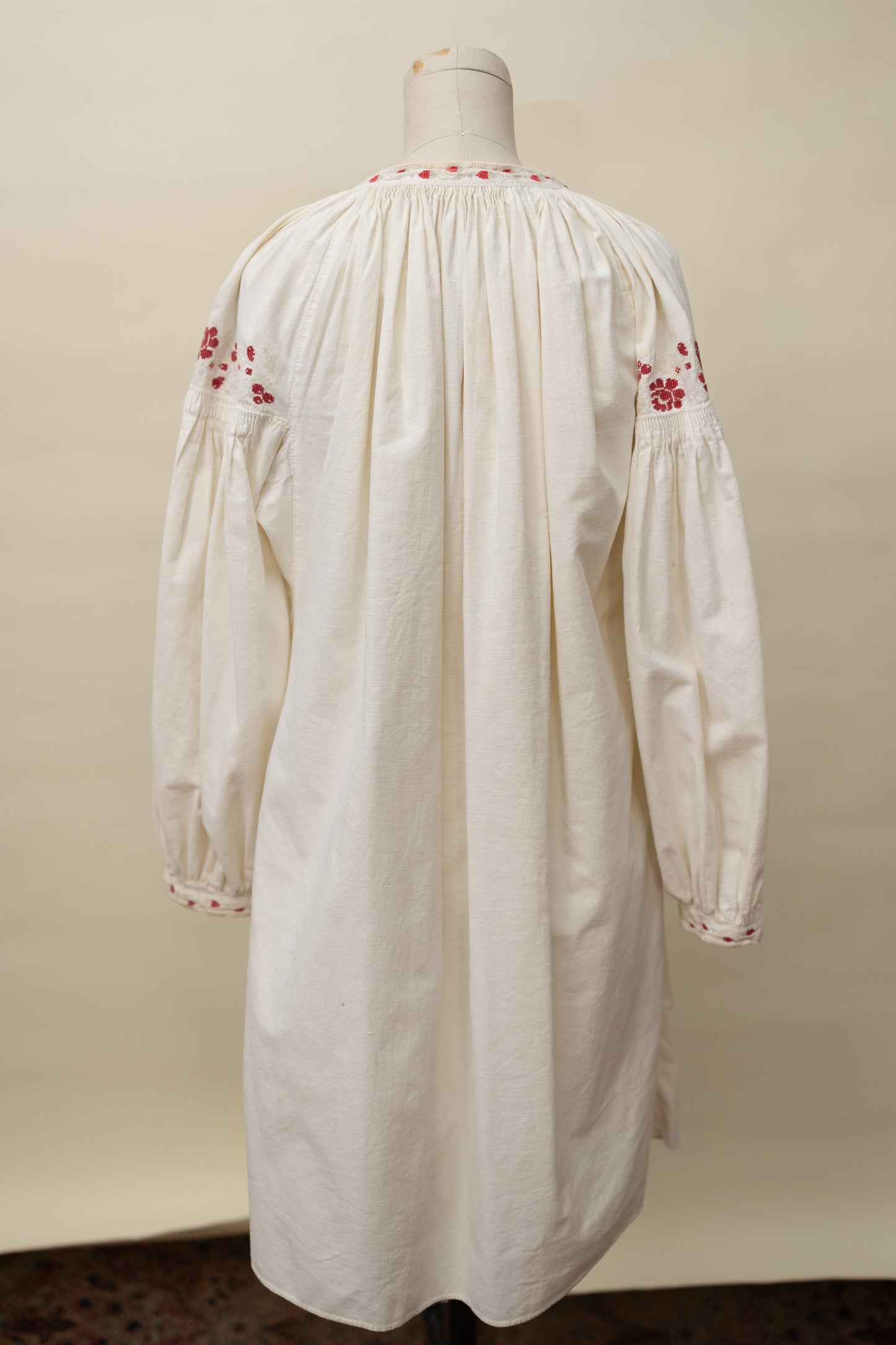 Antique Hand-Embroidered Linen Tunic – Red Floral Detail