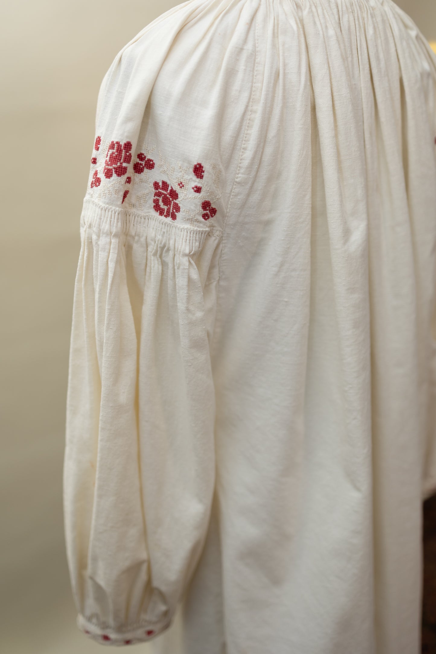 Antique Hand-Embroidered Linen Tunic – Red Floral Detail