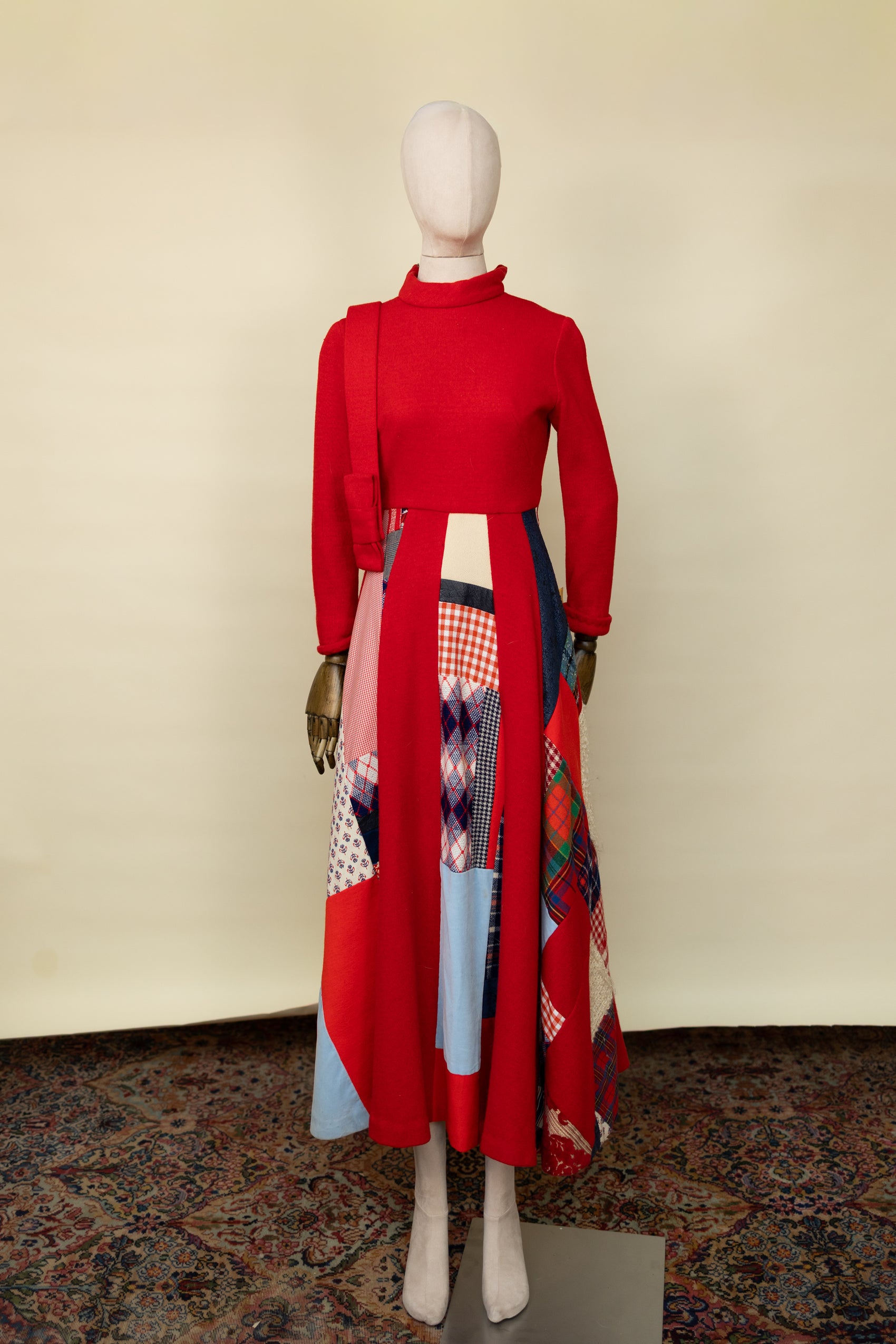 Red Wool Patchwork Maxi Dress with Quilted Skirt Panels *COMING SOON*