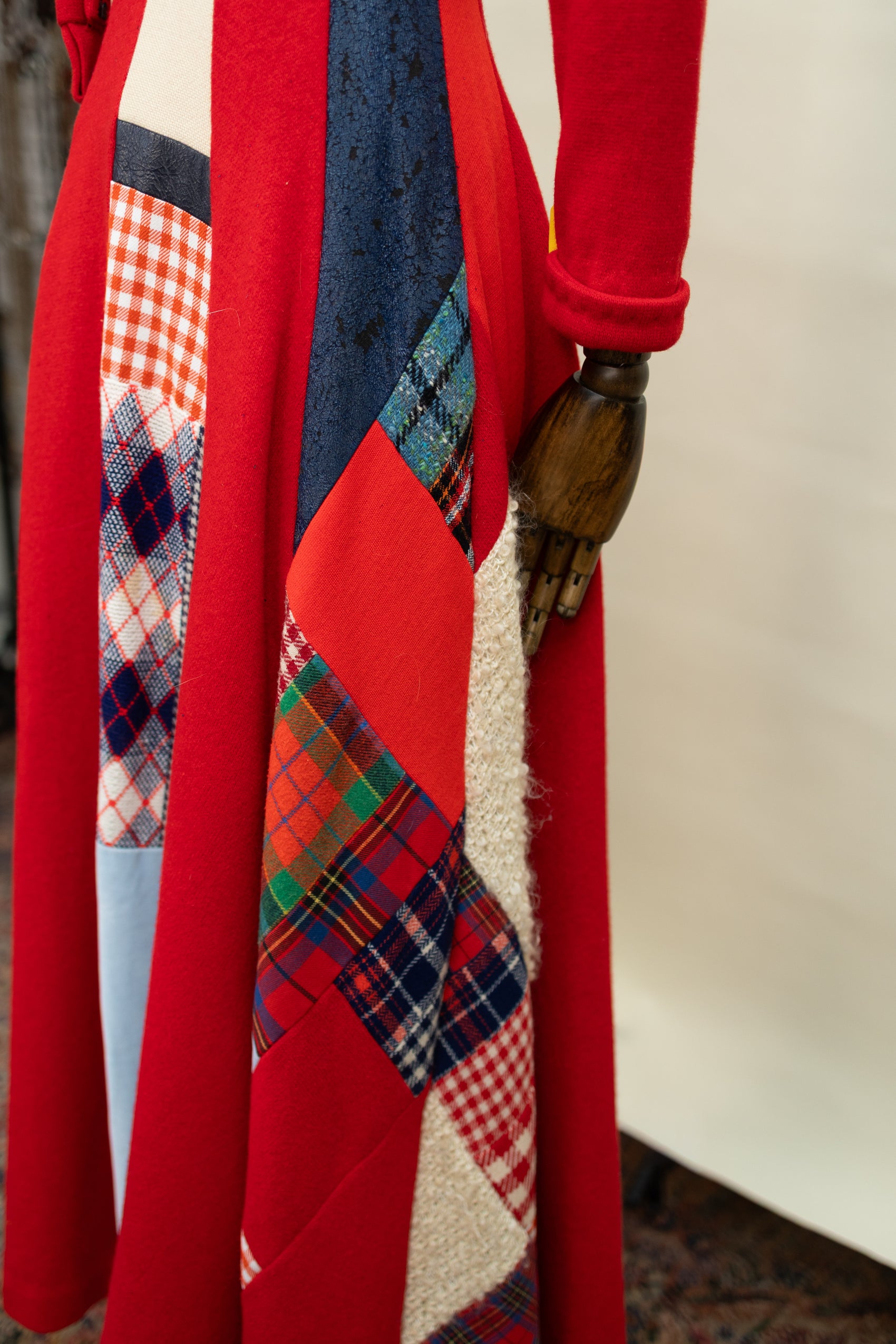 Red Wool Patchwork Maxi Dress with Quilted Skirt Panels *COMING SOON*