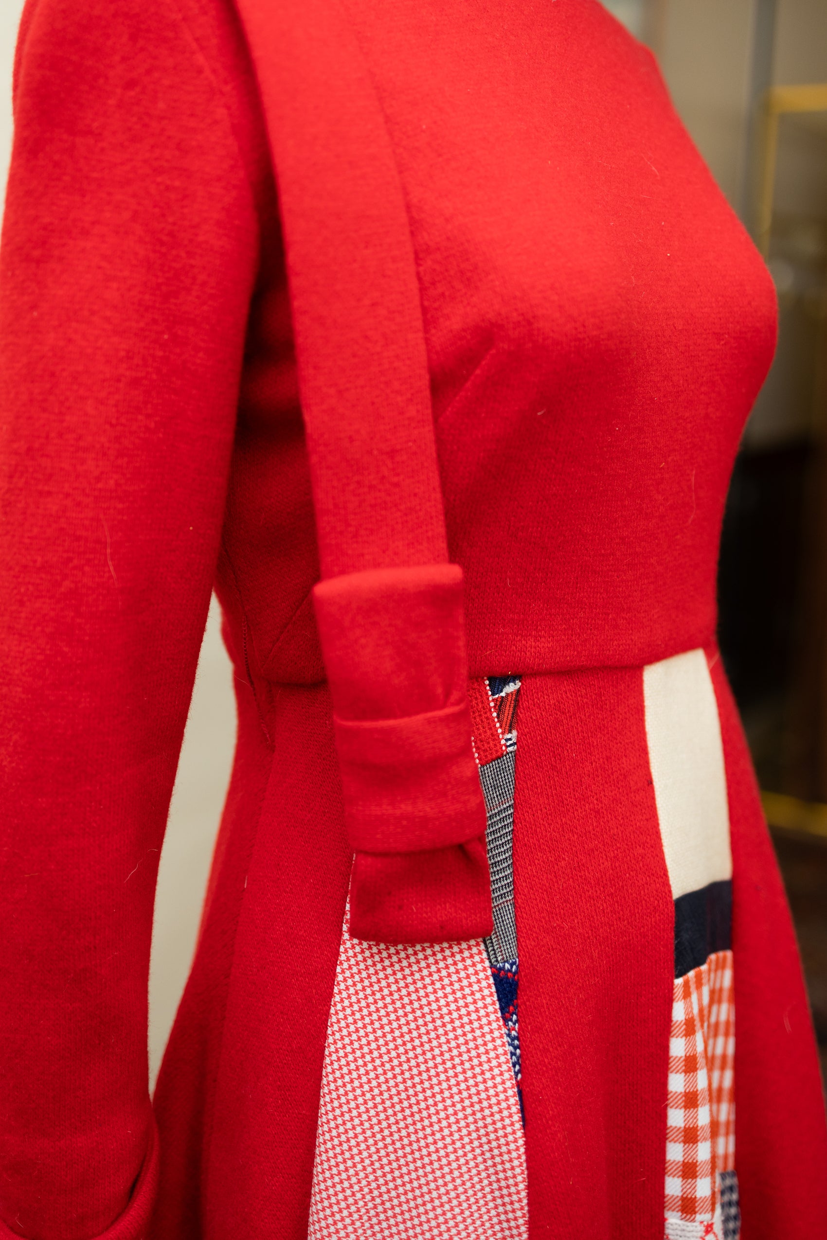 Red Wool Patchwork Maxi Dress with Quilted Skirt Panels *COMING SOON*