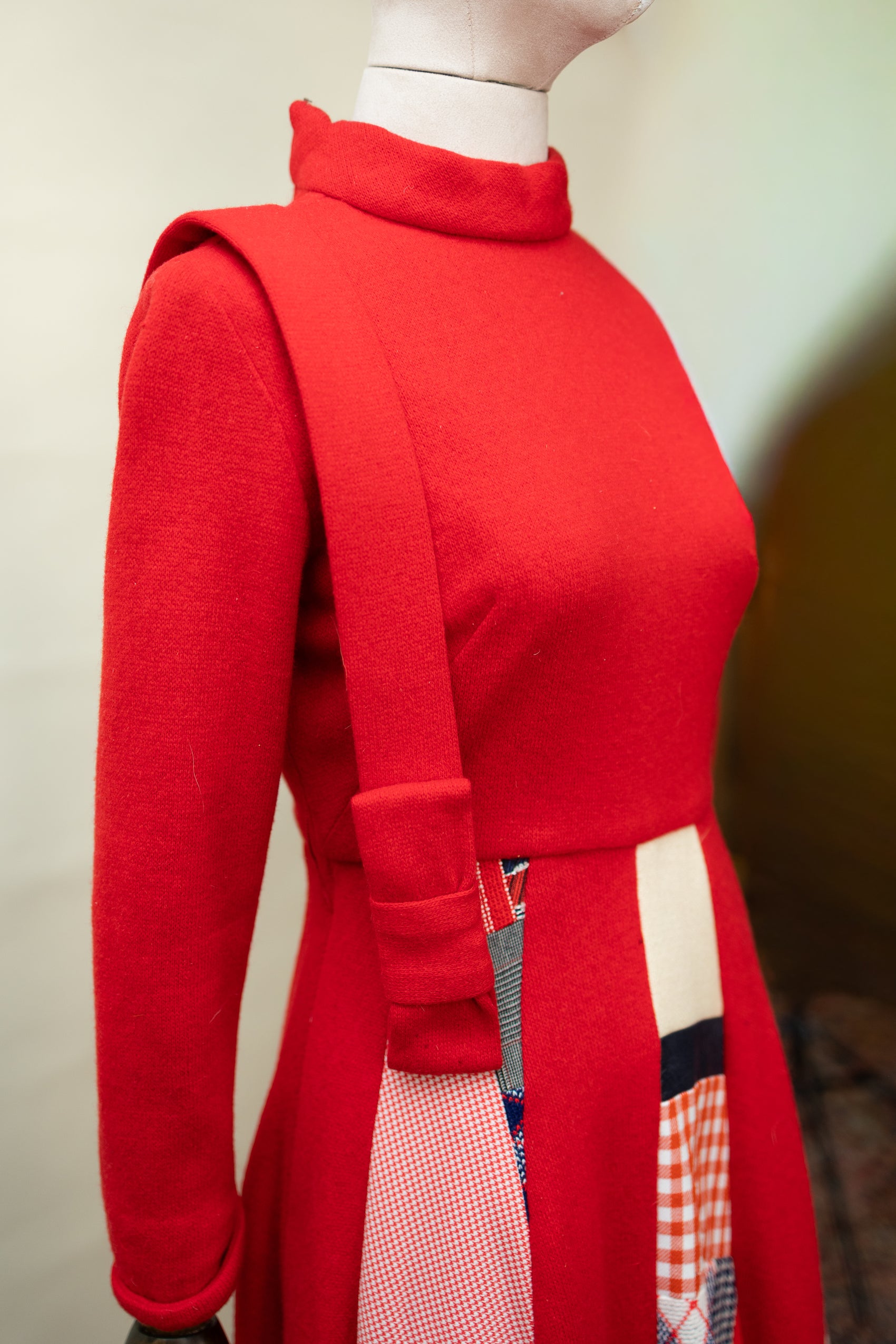 Red Wool Patchwork Maxi Dress with Quilted Skirt Panels *COMING SOON*