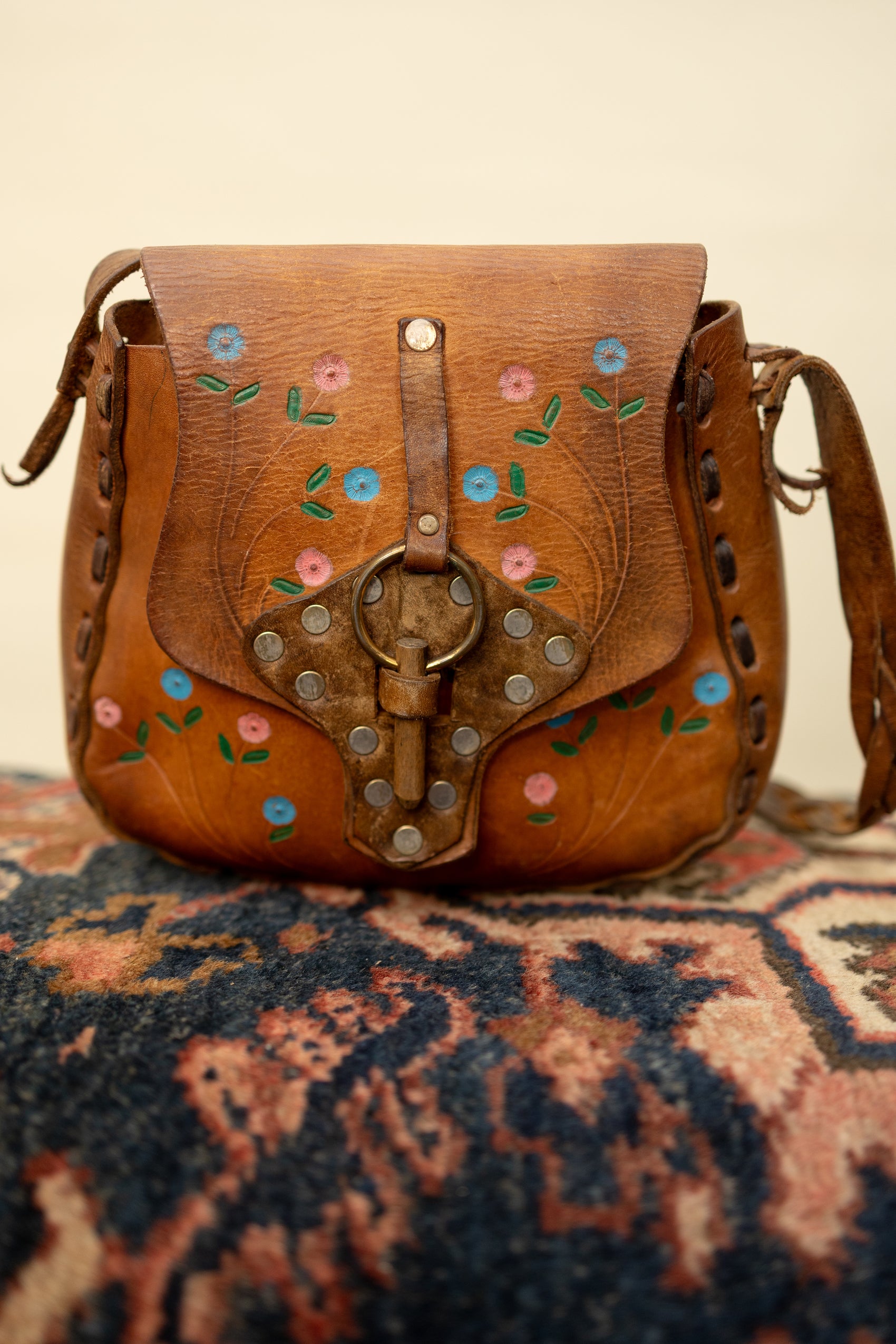1970s Handcrafted Leather Satchel with Braided Strap & Painted Floral Detail *COMING SOON*