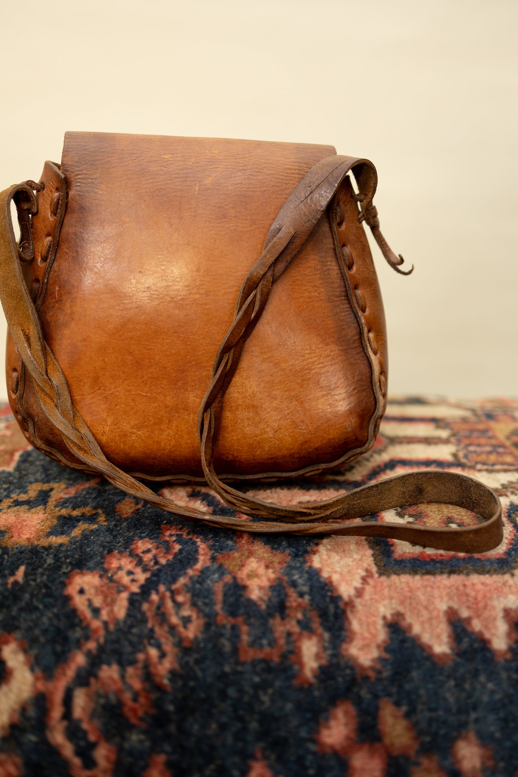1970s Handcrafted Leather Satchel with Braided Strap & Painted Floral Detail *COMING SOON*