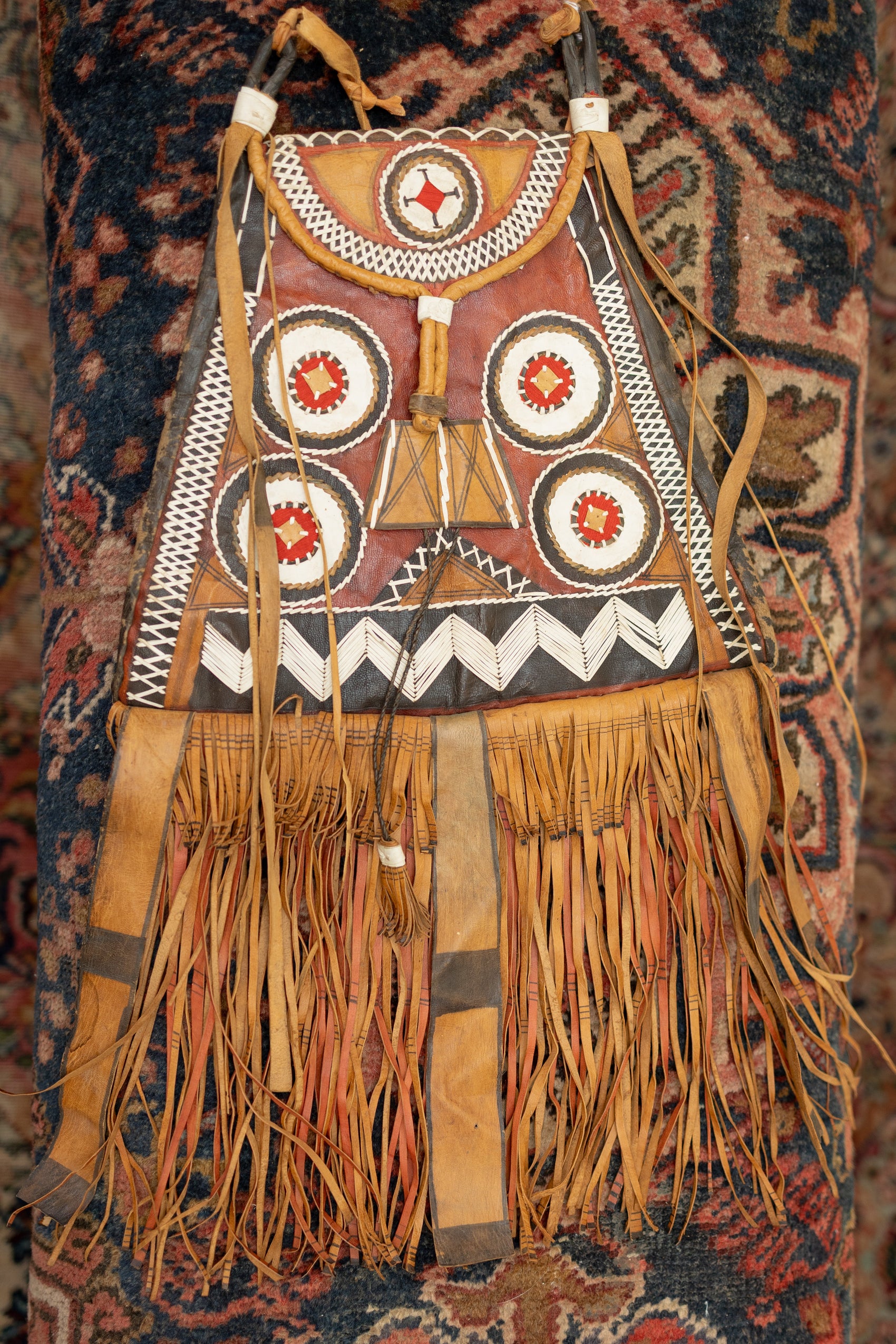 Handcrafted Leather Tribal Fringe Bag with Geometric Embroidery