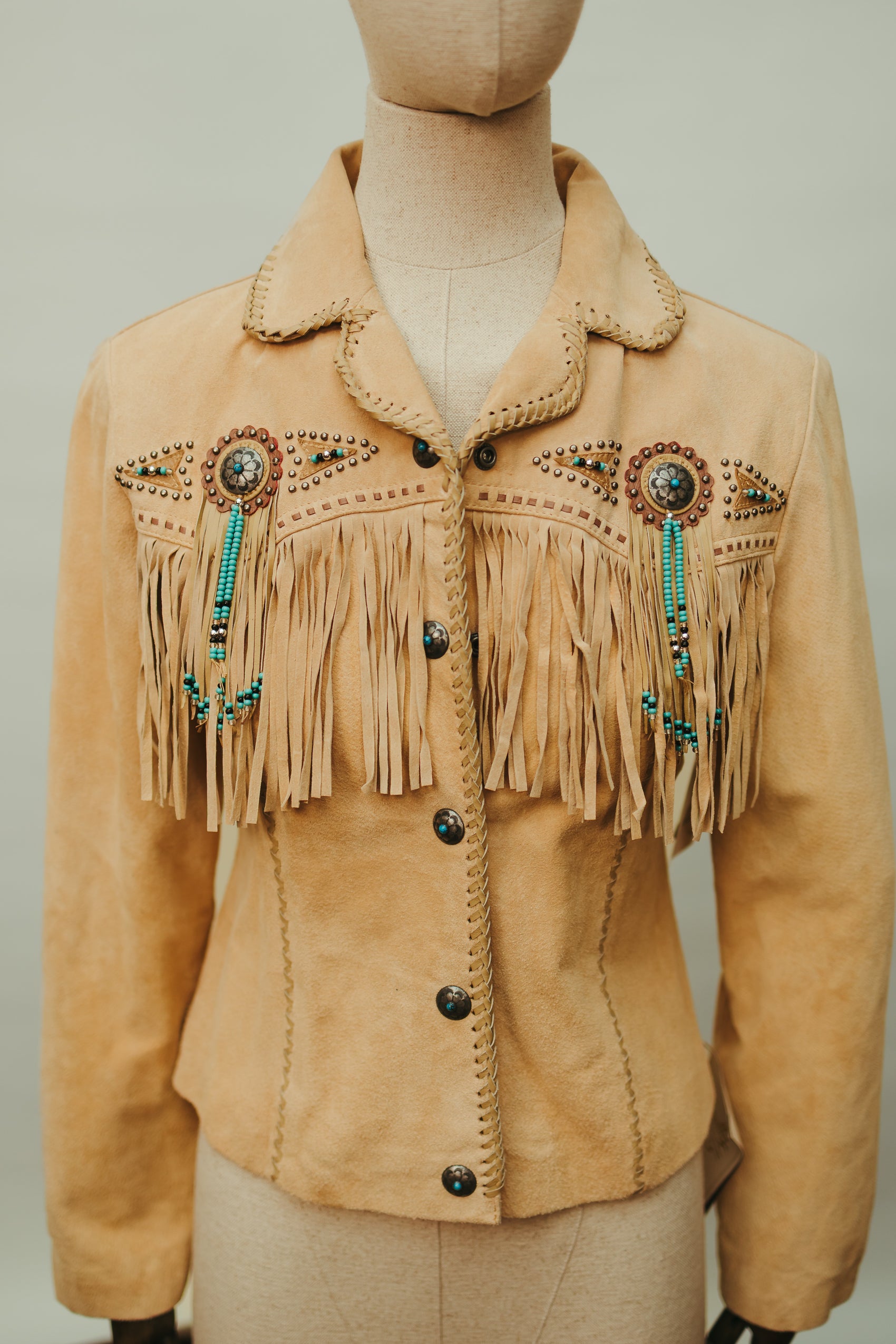 Vintage Suede Fringe Jacket with Beaded Medallions and Turquoise Studs *COMING SOON*