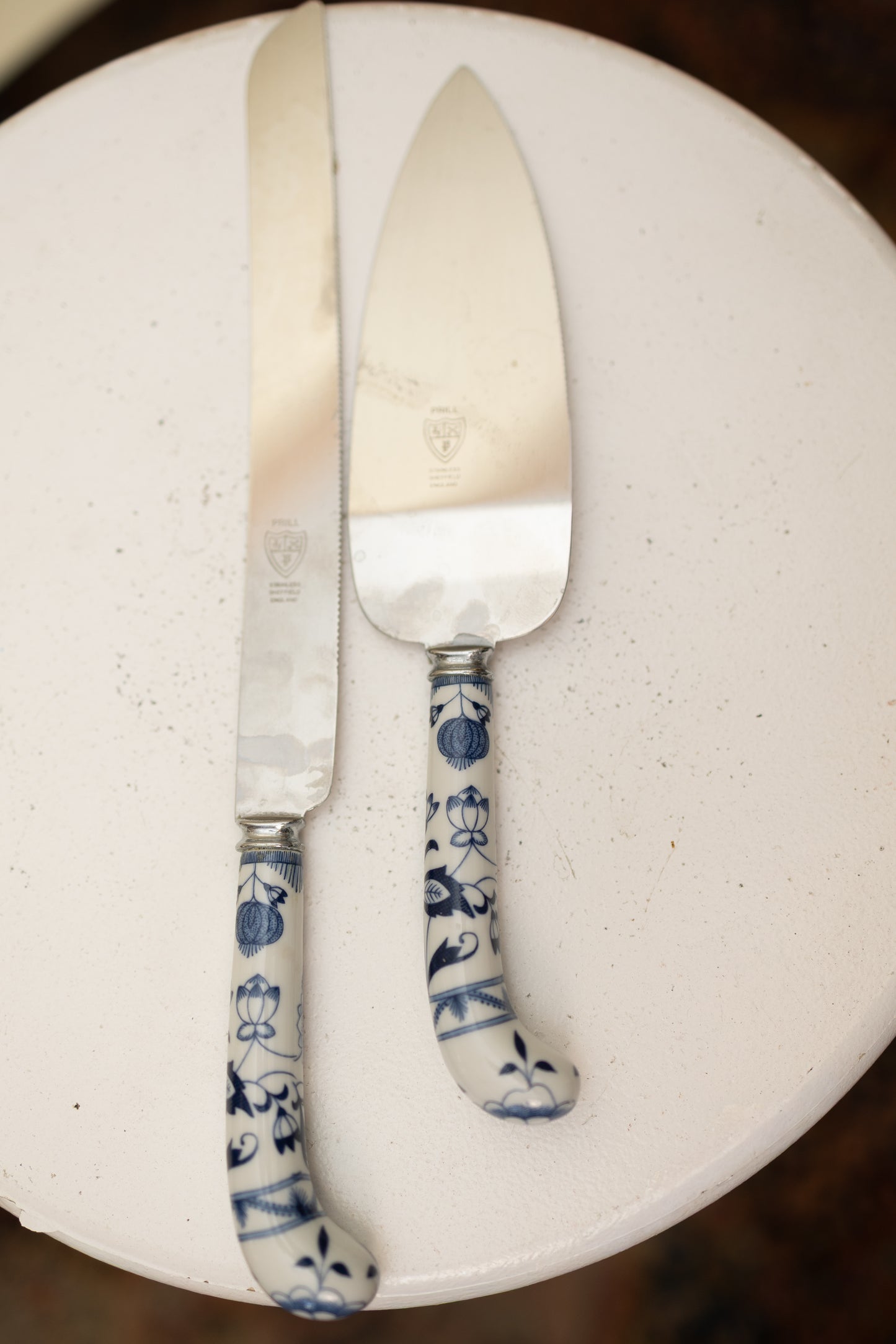 Vintage F.R.I.E.L.L. Germany Cake Knife & Server Set — Blue Onion Porcelain Handles *COMING SOON*