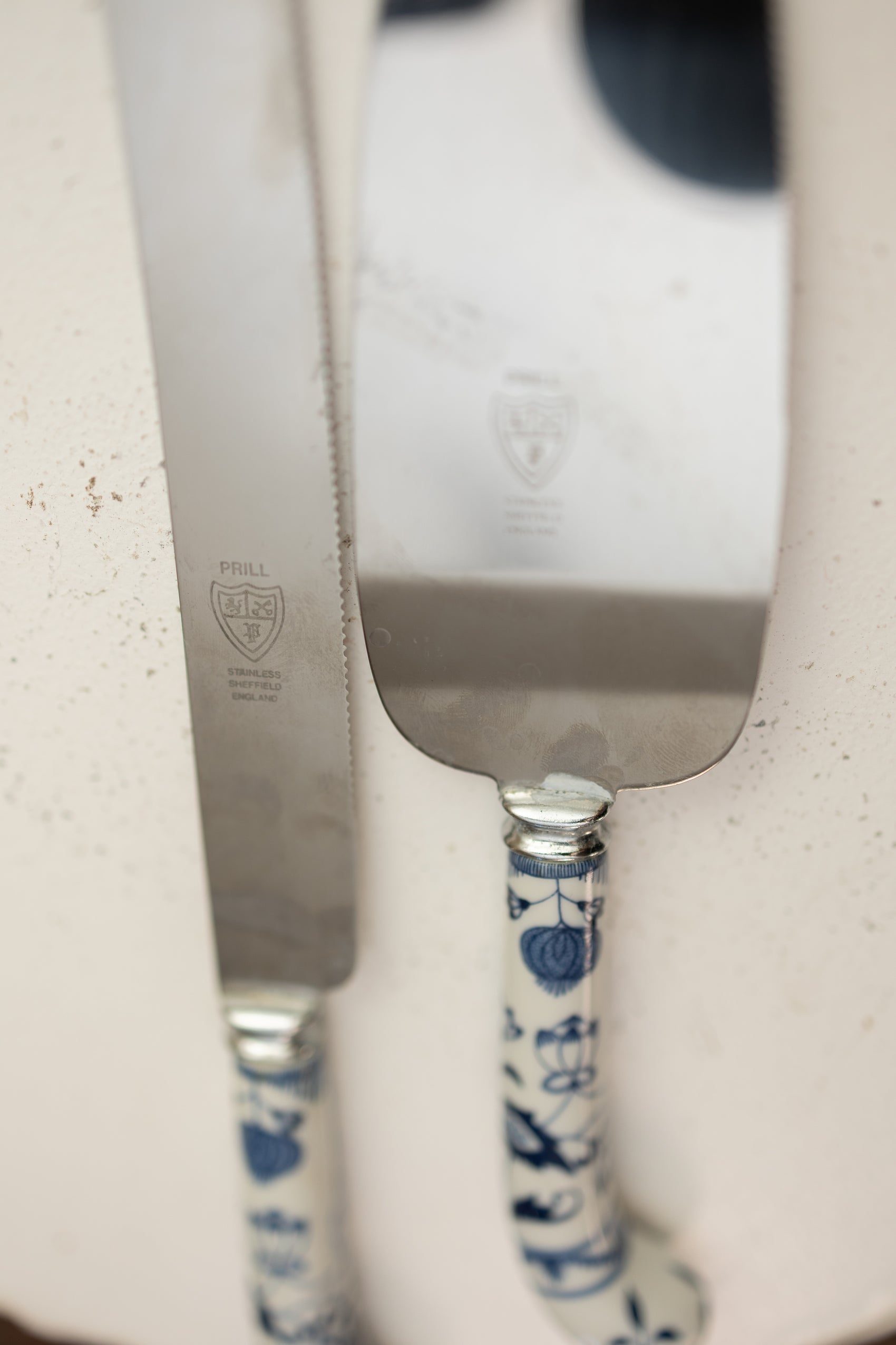 Vintage F.R.I.E.L.L. Germany Cake Knife & Server Set — Blue Onion Porcelain Handles *COMING SOON*