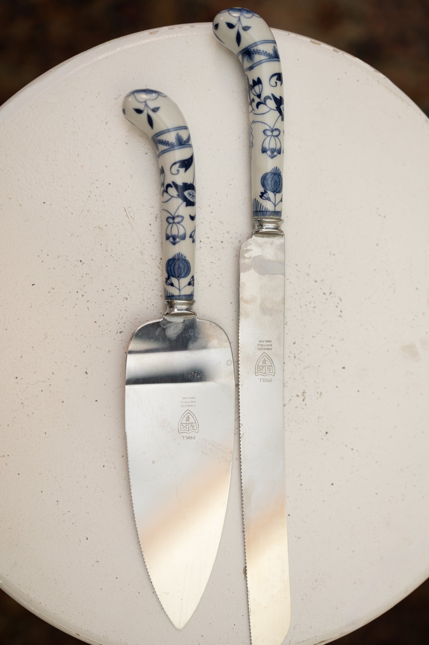 Vintage F.R.I.E.L.L. Germany Cake Knife & Server Set — Blue Onion Porcelain Handles *COMING SOON*