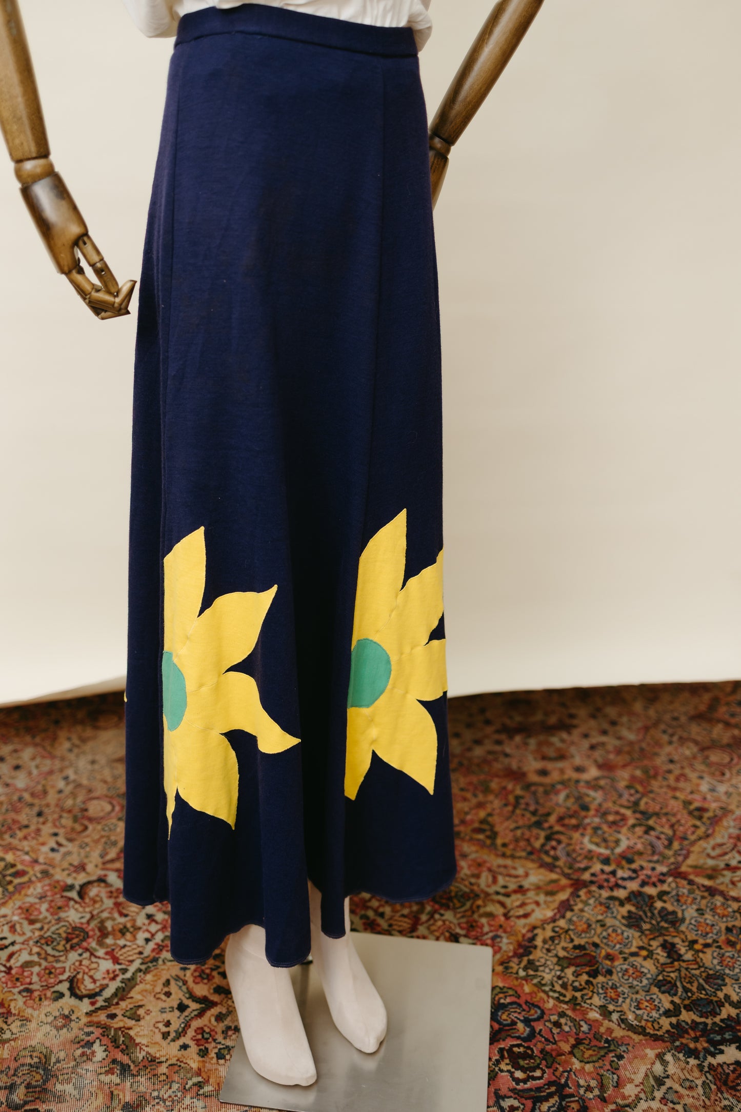 1970s Navy Knit Maxi Skirt with Sunflower Appliqué