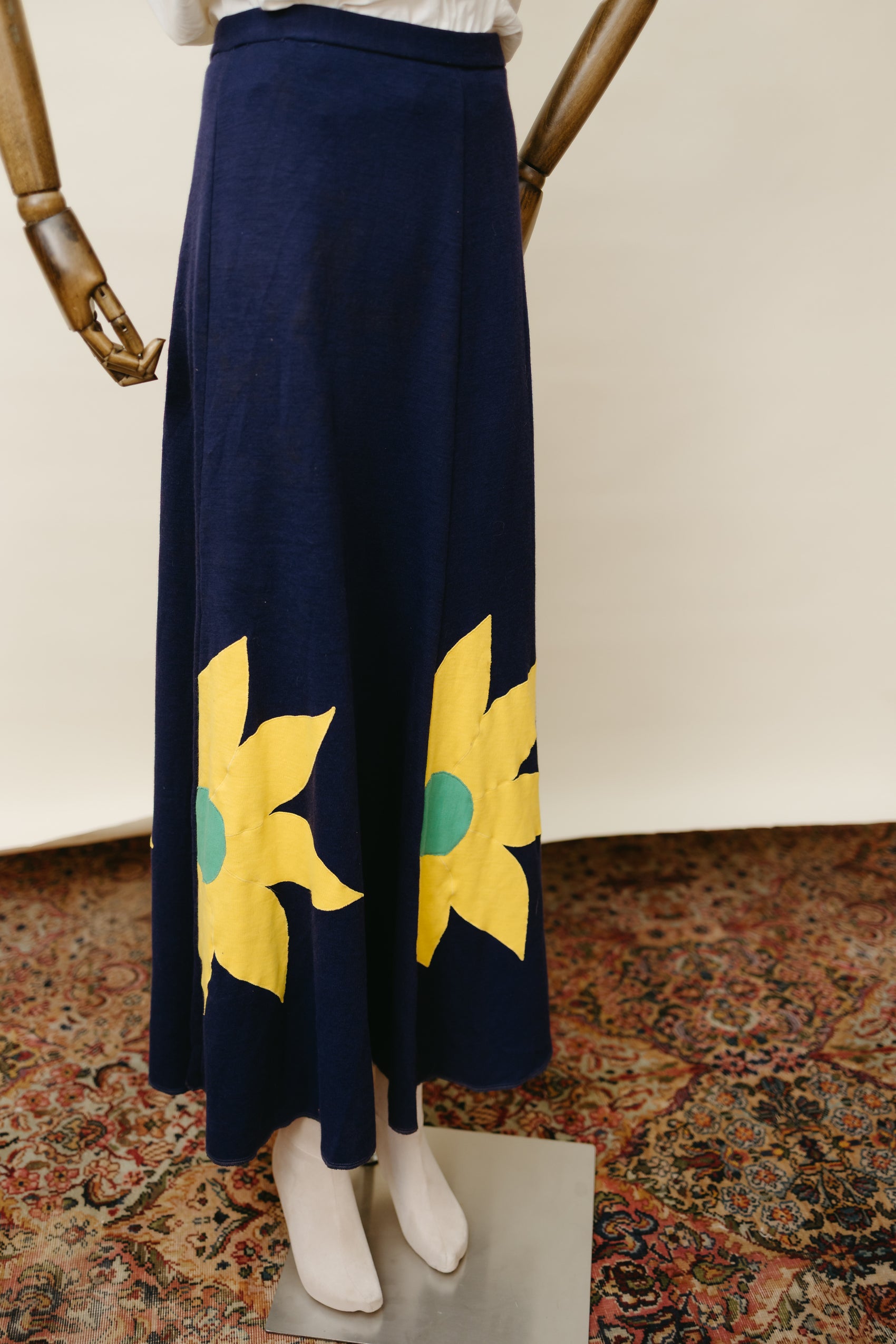 1970s Navy Knit Maxi Skirt with Sunflower Appliqué