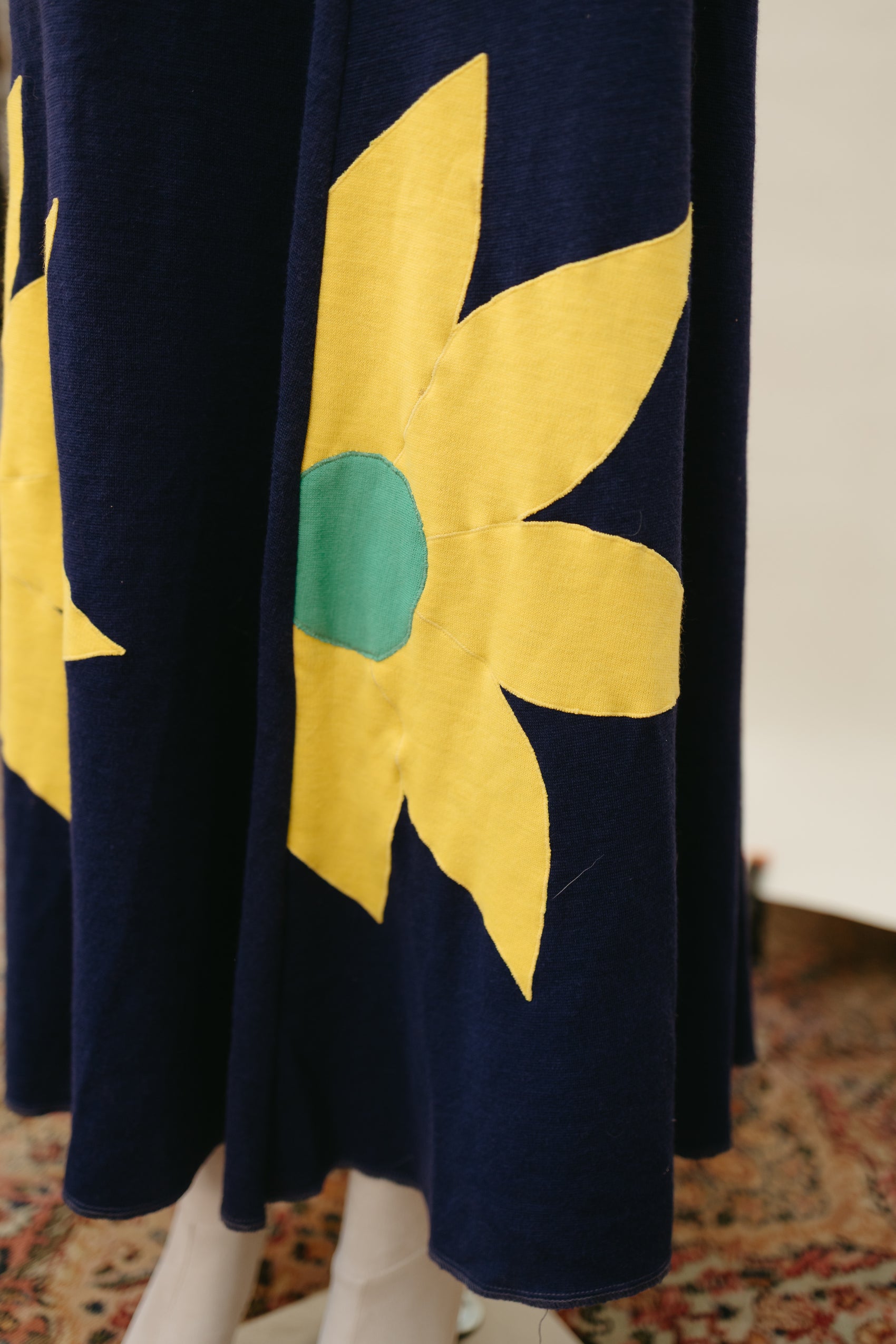 1970s Navy Knit Maxi Skirt with Sunflower Appliqué